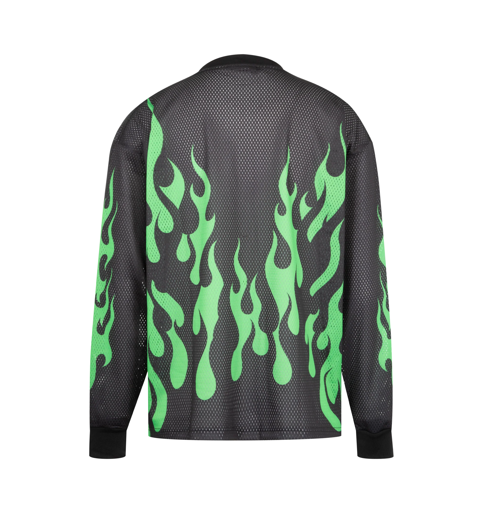 Image 2 of 3 - BLACK - MARKET Toxic Flames Mesh Top featuring soft, breathable mesh, flame graphic up the front and sleeves, relaxed fit, crewneck and long sleeves. 100% polyester.