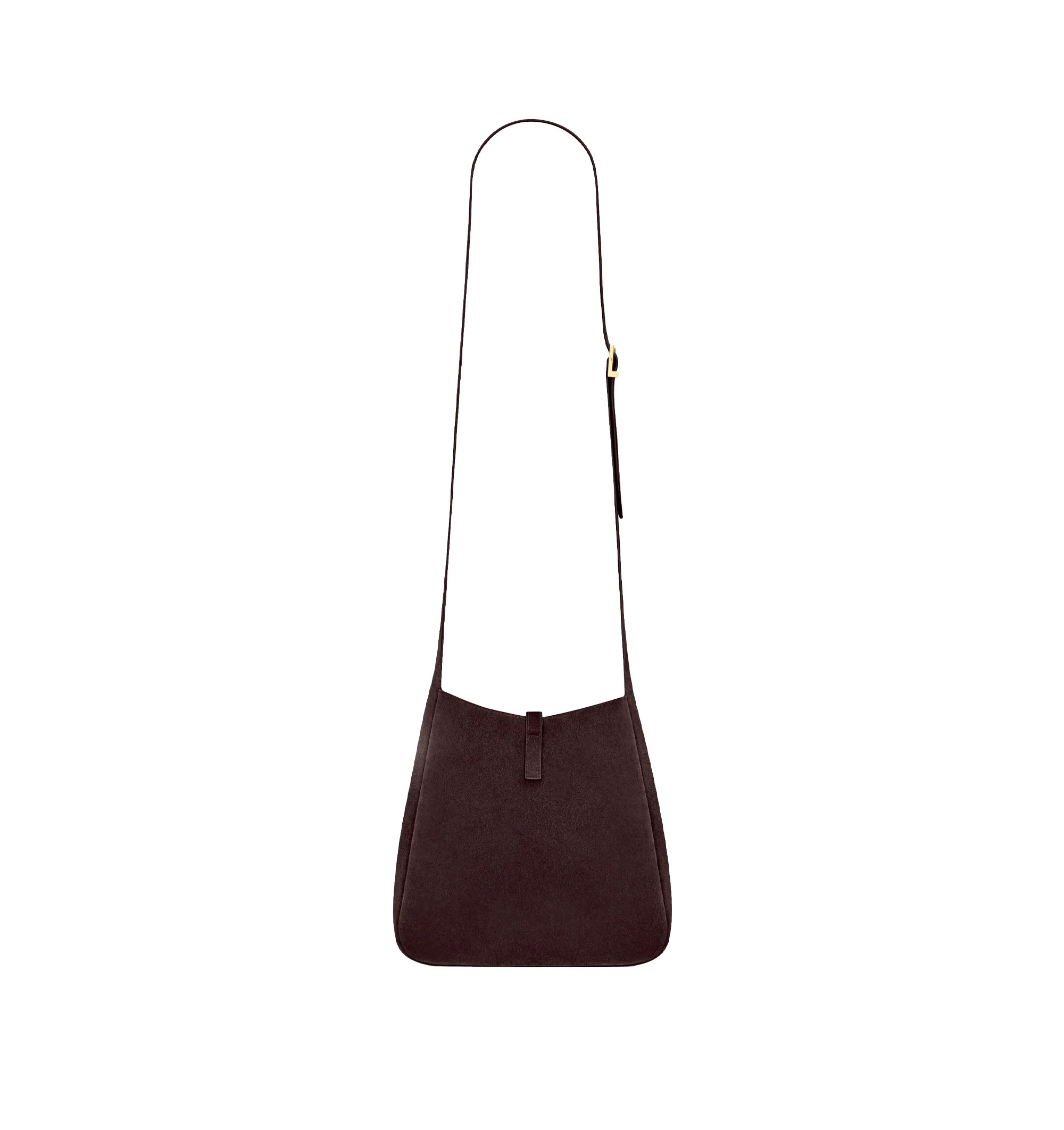 Image 4 of 5 - BROWN - Saint Laurent Women's Le 5 7 Supple Crossbody Bag is crafted from calfskin suede with a tonal suede lining. The spacious silhouette features bronze-tone hardware, a Cassandre hook closure, a removable zip pouch, and an adjustable strap for crossbody carry. Fits a large phone, wallet, sunglasses, and keys. Main Material: Calfskin Leather. Hardware: Brass. Dimensions: 22.5 x 23 x 8.5 cm / 8.9 x 9.1 x 3.3 in. Strap Drop: 50 cm / 19.7 in. Made in Italy.