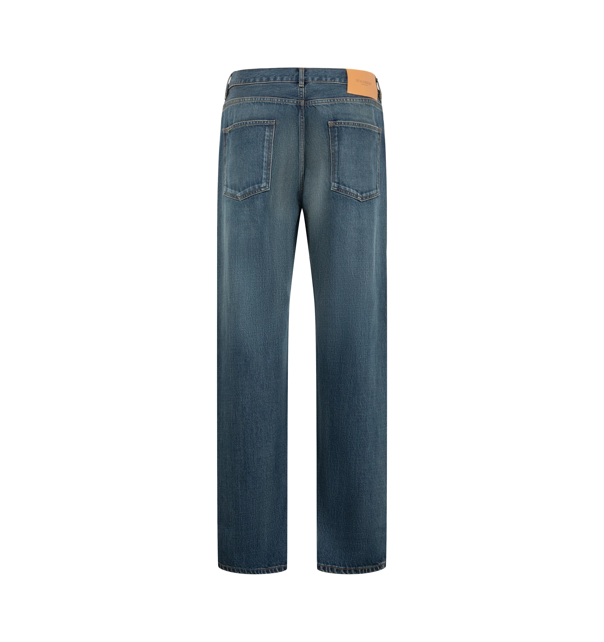 Image 2 of 3 - BLUE - JW Anderson Men's Straight Leg Denim Jeans are crafted from Japanese selvedge denim and feature a classic mid-rise, straight-leg silhouette in a dark blue wash. Developed in collaboration with expert Japanese denim makers, the jeans are designed with a leather logo patch, custom logo shank buttons and rivets, an anchor rivet at the ticket pocket, and a pocket bag screen-printed with "Made in Japan." Main Material: 100% Cotton. Lining: 100% Cotton. Made in Japan.