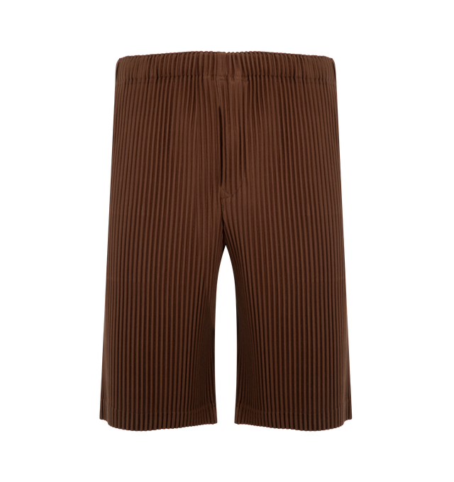 Image 1 of 3 - BROWN - ISSEY MIYAKE Shorts featuring pleated jersey material, quick-drying property, pockets on both sides, a drawcord at the waist and a button-fly design. 100% polyester. Made in Japan.
