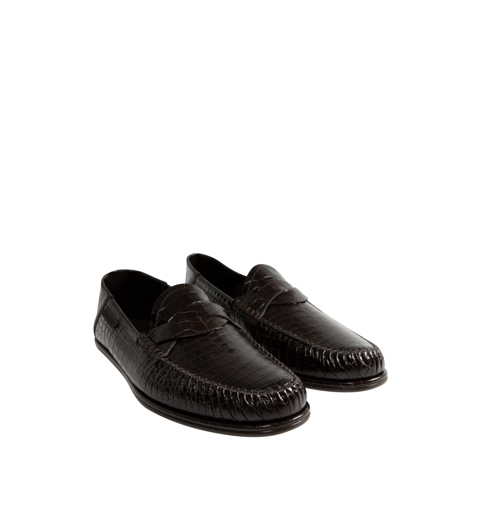 Image 2 of 5 - BROWN - Tom Ford Men's Soft Printed Alligator Sebastian Loafer is crafted from soft printed alligator-effect calf leather and features a distinctive twisted band detail. Designed as a soft loafer with a collapsible back, this versatile style can also be worn as a sabot. The refined silhouette is finished with a leather lining and a durable leather and rubber sole. Main Material: 100% Calf Leather. Lining: 75% Kid Leather, 25% Calf Leather. Sole: 70% Rubber, 30% Calf Leather. Made in Italy.