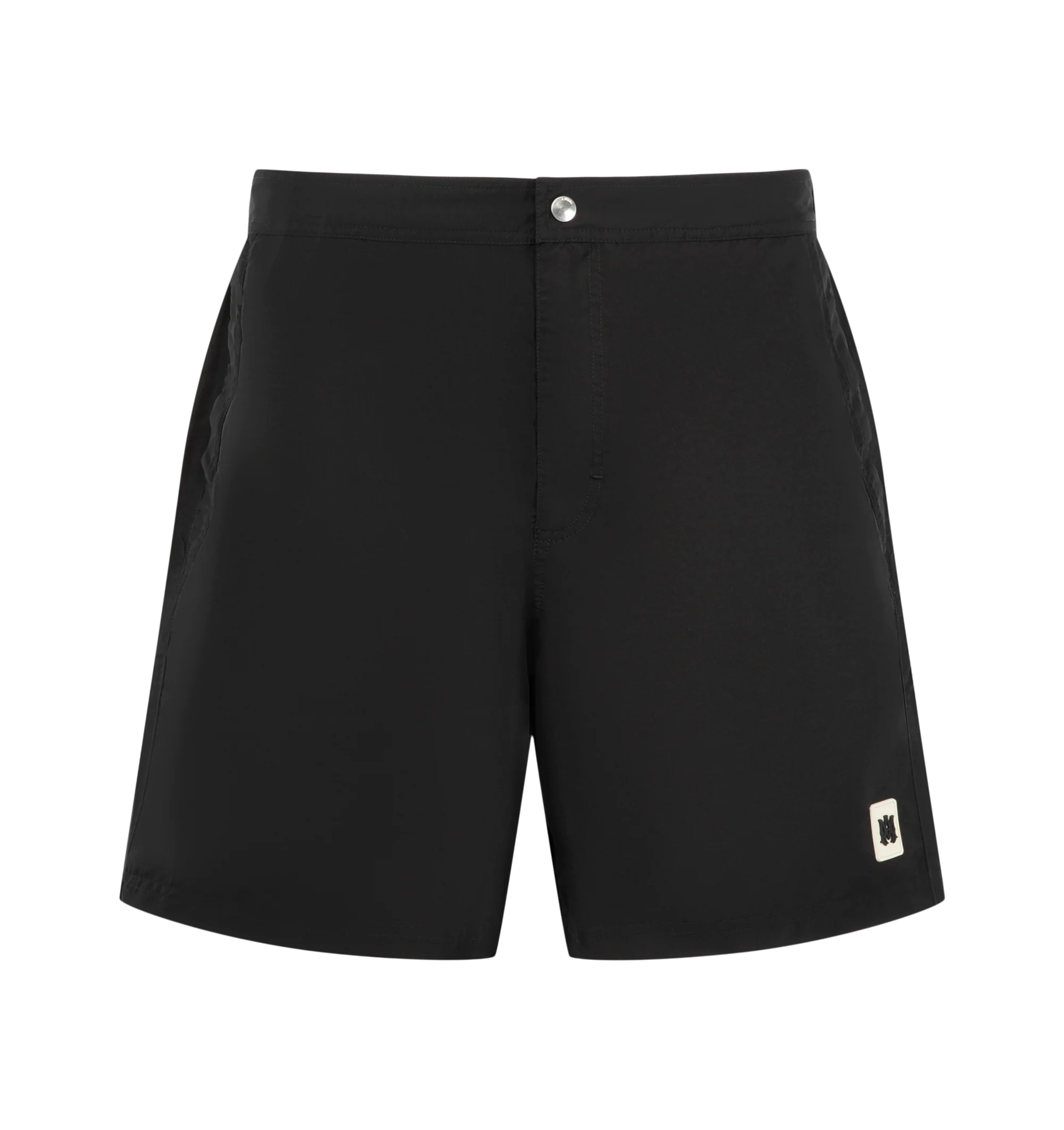Image 1 of 3 - BLACK - Amiri Mens Logo Swim Trunks are crafted from lightweight technical fabric. Feature an elasticized waistband with adjustable drawcord, side seam pockets, and a relaxed fit. Main Material: 100% Polyester. Made in Bangladesh.