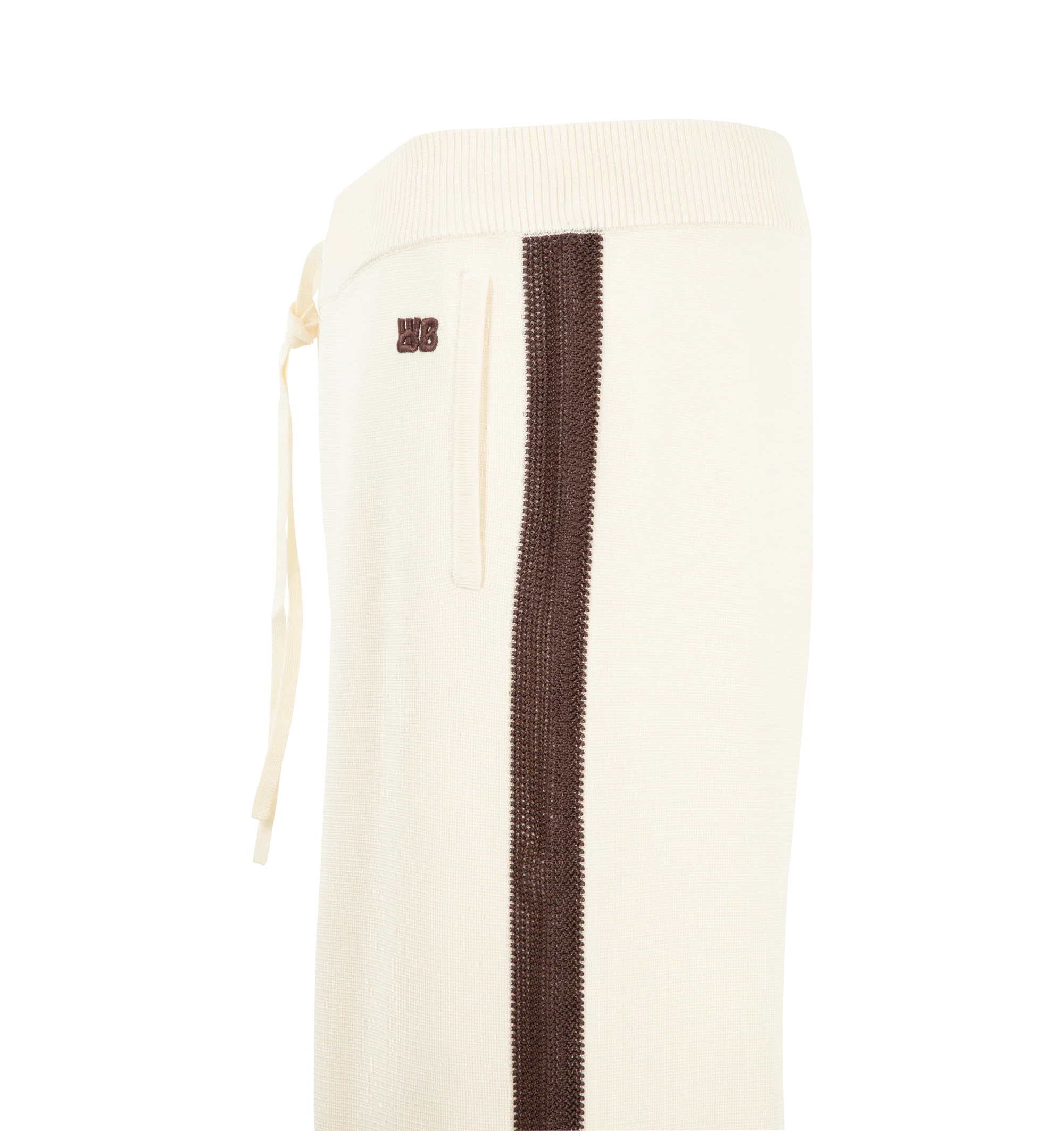 Image 3 of 3 - NEUTRAL - Wales Bonner Men's Tide Trackpant is crafted from a viscose-poly knit and features the brand's signature track pant silhouette in an ivory colorway. Detailed with crochet stripe accents along the sides of the legs, this elevated sportswear style combines a relaxed fit with refined texture and craftsmanship. 80% Viscose, 20% Polyester.
