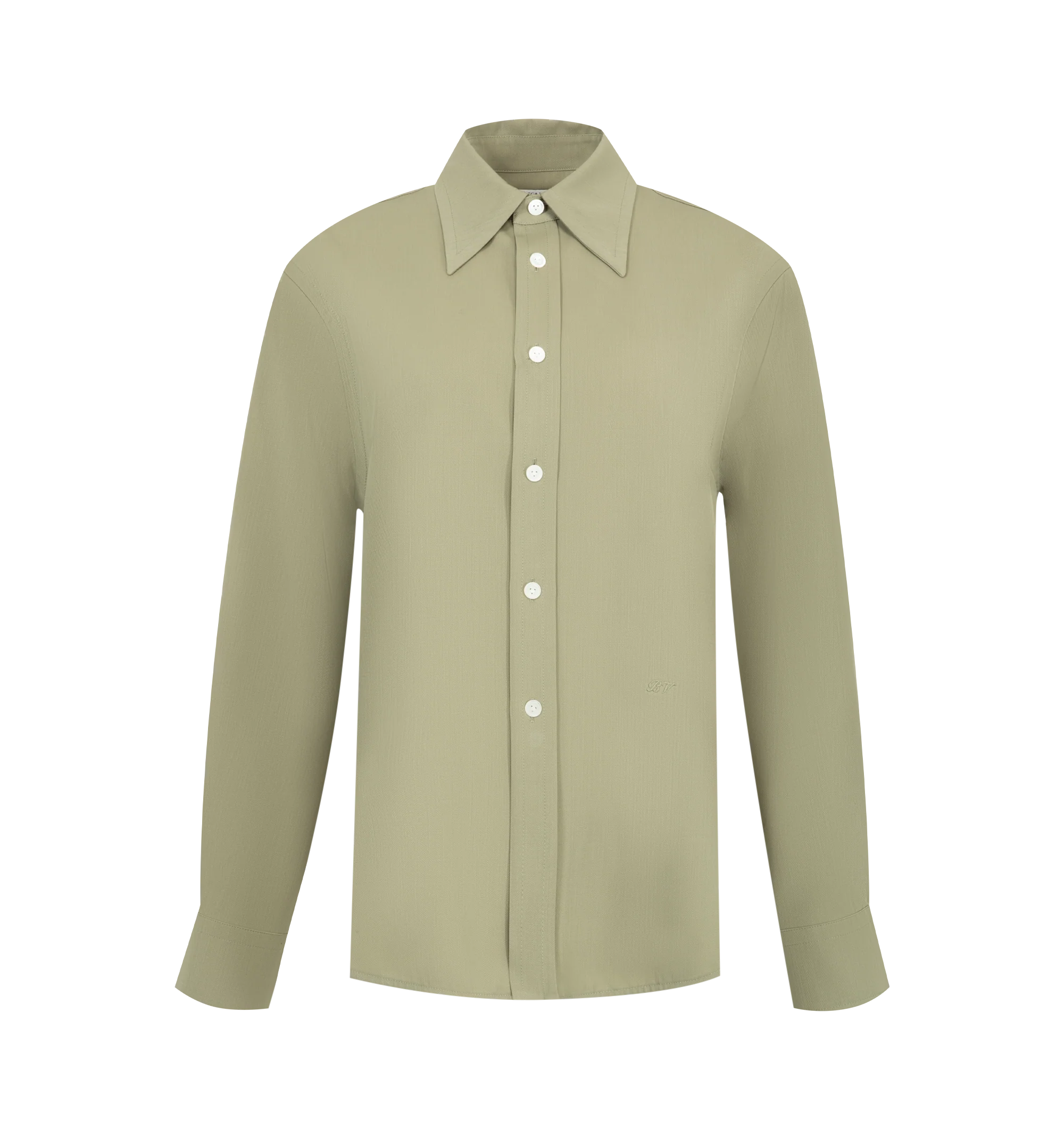 Image 1 of 2 - GREEN - Bottega Veneta Women's Shirt is tailored in a clean, minimalist silhouette and features a point collar, button-front closure, and long sleeves with button cuffs.