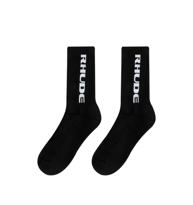 Image 2 of 2 - BLACK - Rhude Mens Sport Socks are crafted from a cotton, polyester, and spandex blend. Feature a ribbed jersey construction and signature vertical Rhude logo. Main Material: 80% Cotton, 12% Polyester, 8% Spandex. Made in China. 