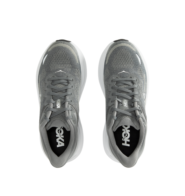 Image 5 of 5 - GREY - HOKA M Bondi 9 Sneaker featuring engineered mesh upper with rubber sole, lace-up front, foamed EVA midsole and increased stack height for maximum cushioning, zonal breathability, reflective detailing and cushioned tongue and collar.
