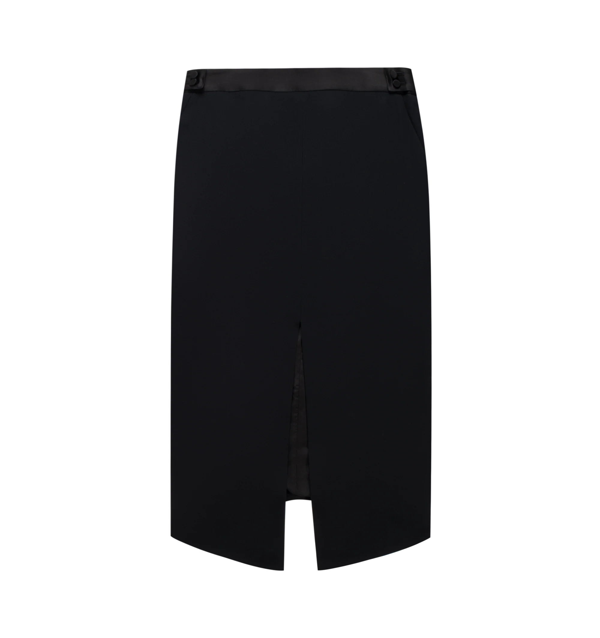 Image 1 of 1 - BLACK - Tom Ford Women's Envers Satin Tailored Tuxedo Pencil Skirt is crafted from envers satin and features a below-the-knee pencil silhouette, satin button detailing, side pockets with fine bar tacks, and double back welt pockets. This designer satin pencil skirt combines refined tuxedo-inspired tailoring with an elegant, streamlined silhouette for elevated formal and evening wear. Main Material: 71% Acetate, 29% Viscose. Lining: 59% Cupro, 41% Silk. Made in Italy.