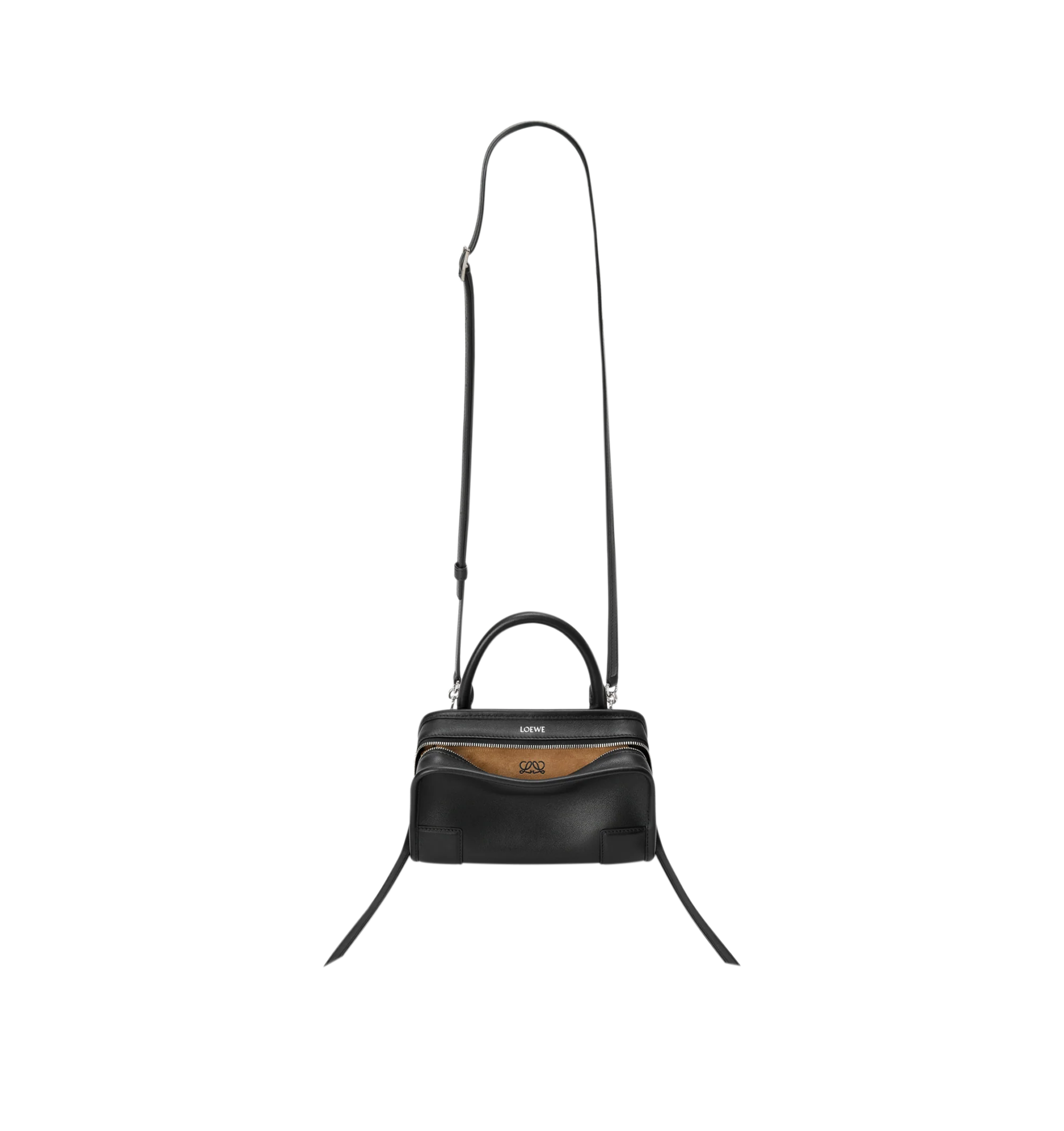 Image 6 of 11 - BLACK - Loewe Mini Amazona 180 Bag in leather features a relaxed silhouette anchored by a single toron top handle, designed to be carried open, while a concealed closure secures the main compartment, removable shoulder and crossbody straps, two carry options: short handle, removable and adjustable crossbody strap, zip closure with two leather zip pullers, two compartments, main compartment closed with magnetic closure, left side d-ring for customization, suede and nappa lambskin lining, and