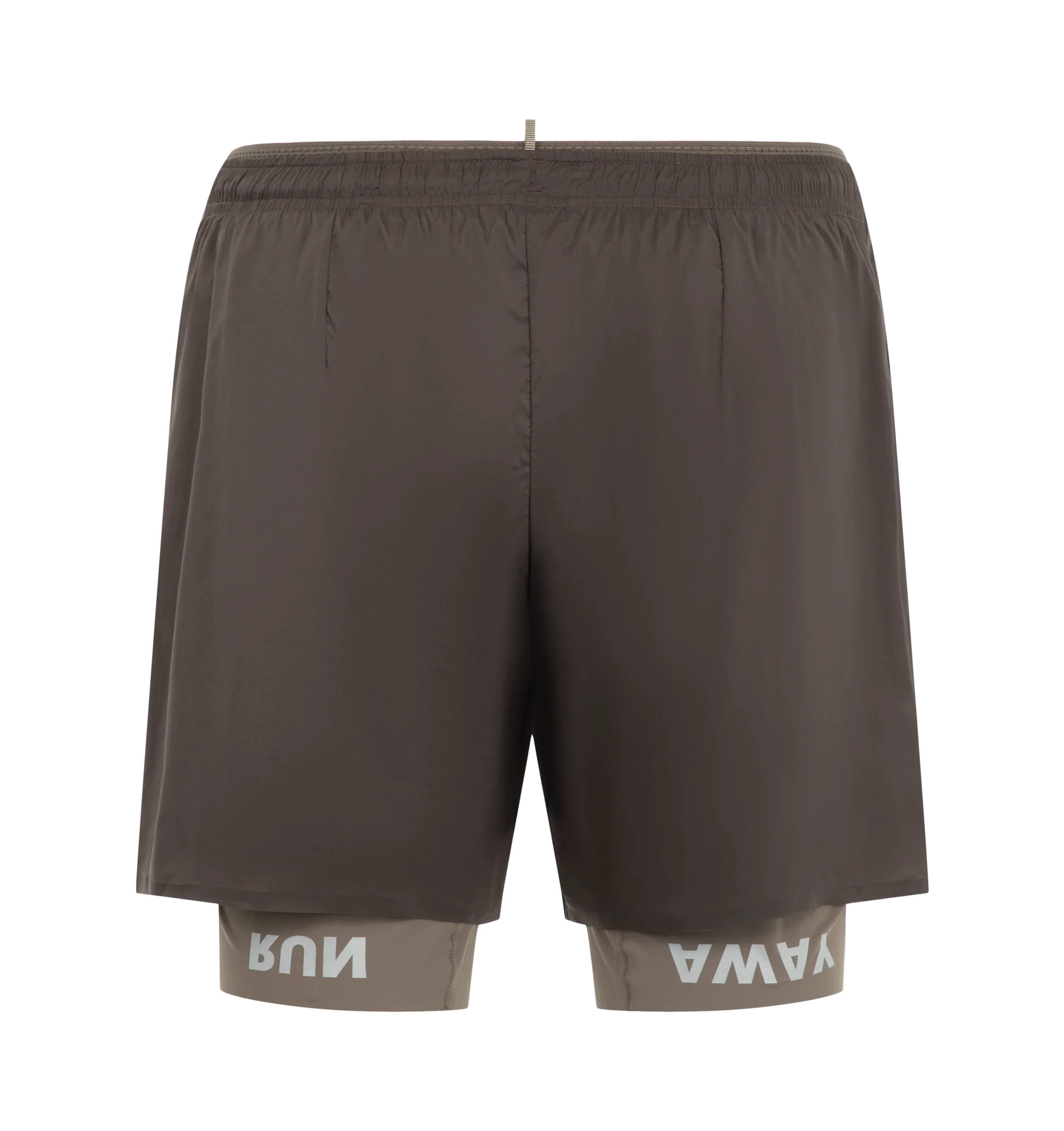 Image 2 of 3 - BROWN - Satisfy Men's TechSilk 8" Shorts are crafted from lightweight French-engineered TechSilk and feature a 5-inch shell paired with an 8-inch Justice TechSilk Evo liner. Designed for long-distance performance, the fast-drying construction is enhanced with Coldblack treatment for cooling, odor control, UV protection, and four-way stretch. Functional details include a sweat-resistant hidden phone pocket, double waistband with internal drawcords, a mini S-Carabiner for keys, and reflective  
