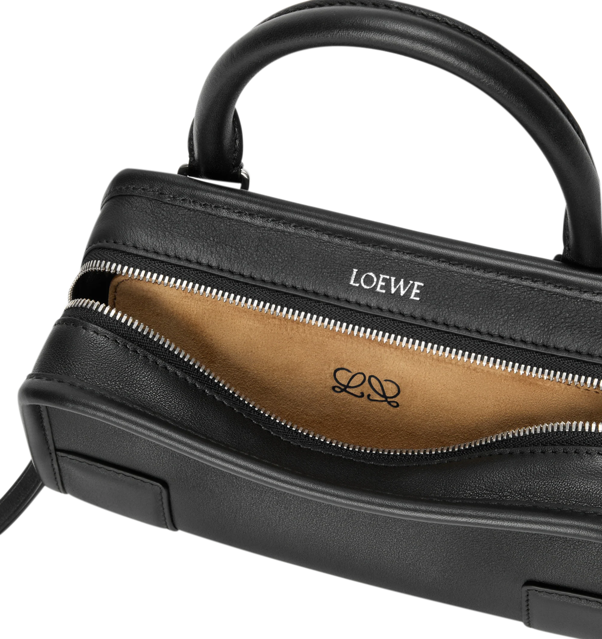 Image 7 of 11 - BLACK - Loewe Mini Amazona 180 Bag in leather features a relaxed silhouette anchored by a single toron top handle, designed to be carried open, while a concealed closure secures the main compartment, removable shoulder and crossbody straps, two carry options: short handle, removable and adjustable crossbody strap, zip closure with two leather zip pullers, two compartments, main compartment closed with magnetic closure, left side d-ring for customization, suede and nappa lambskin lining, and  