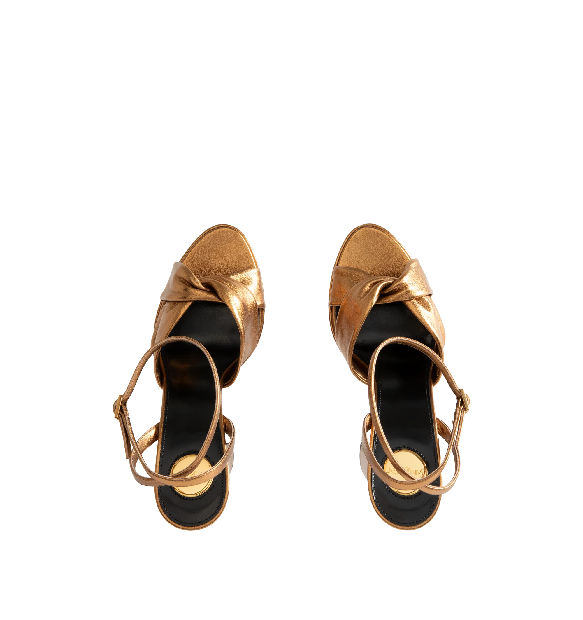 Image 4 of 4 - GOLD - Saint Laurent Womens Platform Sandals are crafted from calfskin leather. Feature a twisted crisscross toe, adjustable ankle strap with CASSANDRE charm, block heel, leather sole, and 13.9 cm heel height, 8.5 cm arch height and 5.4 cm platform height. Main Material: Calfskin Leather; Hardware: Brass; Sole: Leather. Made in Italy.