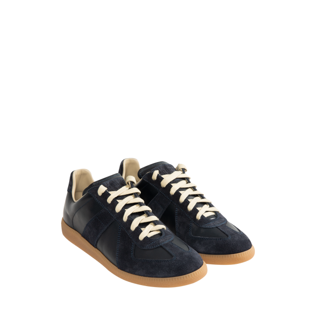 Image 2 of 5 - NAVY - MAISON MARGIELA High Quality Luxury Sneakers featuring lace-up sneakers in buffed nappa calfskin and calfskin suede, contrasting sole, Maison Margiela logo label on the tab, internal High Quality Luxury label, internal elastic and all-over Maison Margiela logo insole. 100% calf leather. Sole: 100% rubber. Made in Italy.