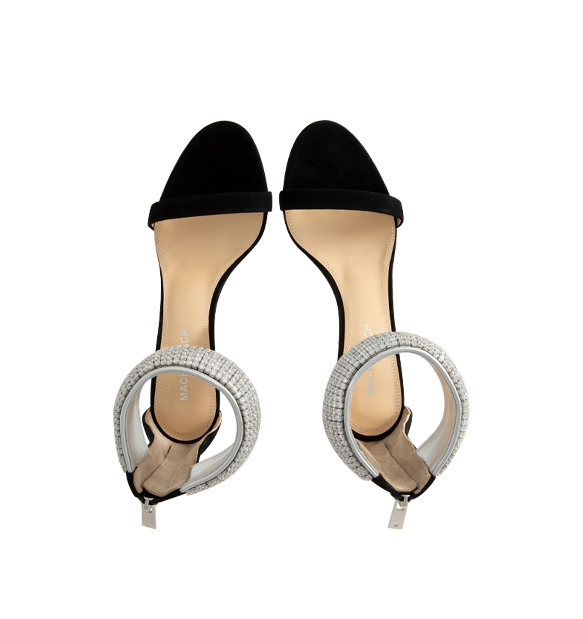 Image 4 of 4 - BLACK - Mach Mach Women's She's A Lady Heeled Sandals are crafted from suede leather and feature an elegant round open-toe silhouette with a 95mm stiletto heel. Designed with crystal-embellished ankle detailing, a rear zip closure, leather lining, and a leather sole, the sandals offer a refined statement finish. Main Material: Suede Leather. Made in Italy.
