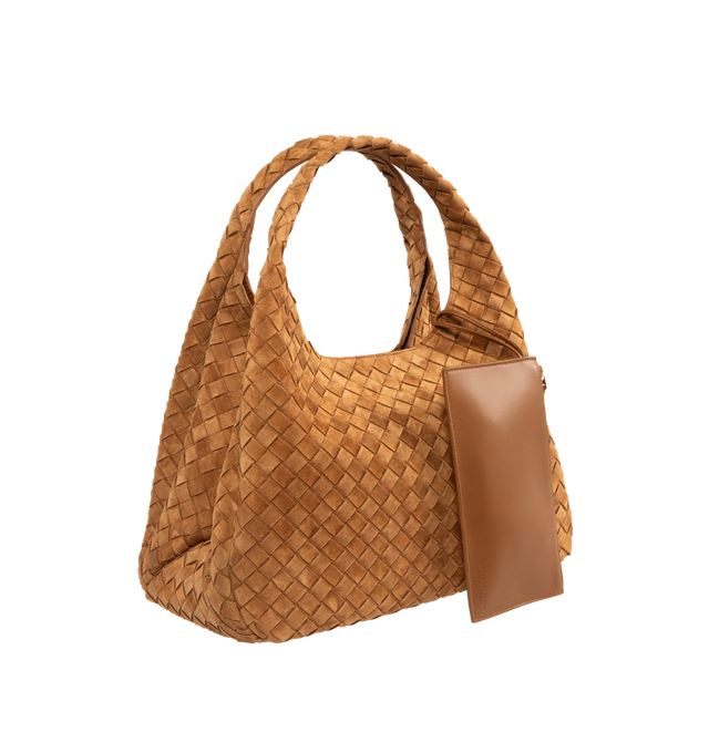 Image 3 of 4 - BROWN - BOTTEGA VENETA Large Campana Bag featuring shoulder bag with archival silhouette in soft Intrecciato suede, internal zipped pocket and leather tie closure with hidden magnet. 9.4" x 15.4" x 7.3". Calfskin. Made in Italy. This item may be restricted for online purchase to international clients. For assistance purchasing this item please contact our dedicated stylist team at personalshopping@hirshleifers.com.