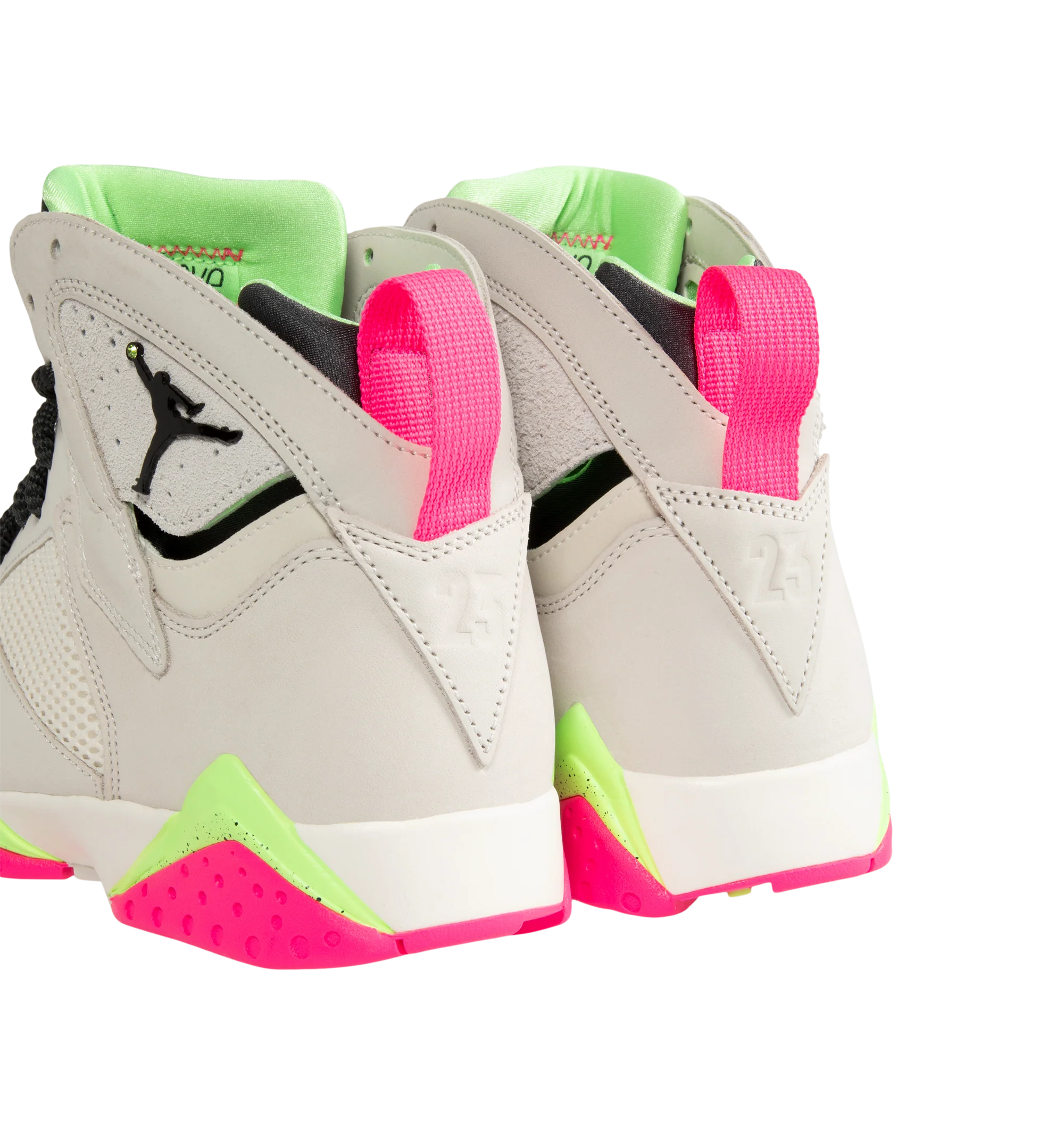Image 3 of 5 - MULTI - Air Jordan 7 Retro "Tennis Day" Sneakers feature a Phantom upper with Lime Blast, Pink Blast, and Anthracite accents inspired by Nike's Challenge Court era. Leather, synthetic leather, suede, and breathable textiles combine throughout the mid-cut design, while a heel pull tab, foam midsole with full-length Nike Air cushioning, and grippy rubber outsole complete the construction. Upper: Leather, Synthetic Leather, Suede, and Textile. Midsole: Foam. Sole: Rubber. Made in mens sizing.