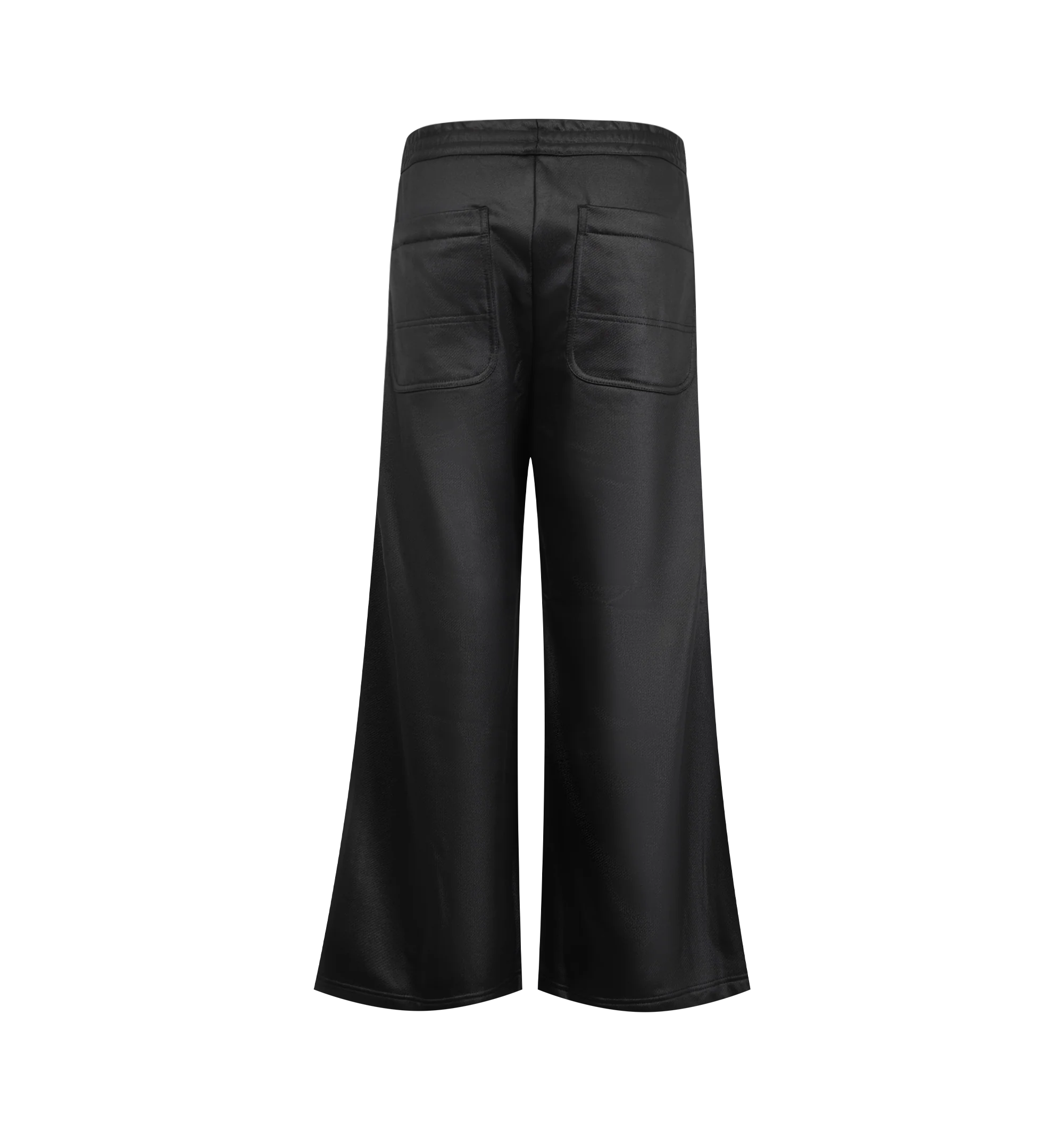 Image 2 of 3 - BLACK - Homme Plus sleek black wide-leg trousers feature a smooth satin finish and an elasticated waistband with a button closure.