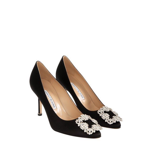 Image 2 of 4 - BLACK - MANOLO BLAHNIK Hangisi Lanza Clava Pump featuring a signature crystal buckle, almond toe and a 90mm stiletto heel. Made in Italy. 