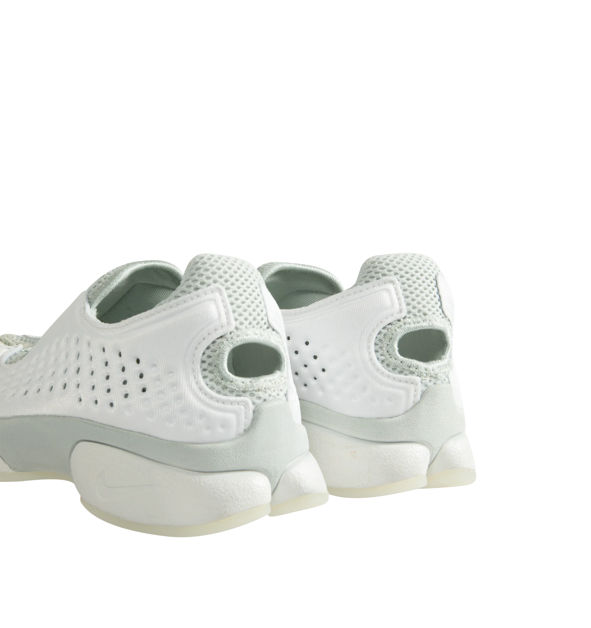 Image 3 of 5 - WHITE - Nike Women's Rift 2 Sneakers feature a padded neoprene and mesh upper with the iconic split-toe construction for a distinctive, sport-inspired silhouette. Designed for easy slip-on wear, these sneakers feature a cushioned footbed, antimicrobial sockliner, fabric lining, and lightweight foam midsole for added comfort. Finished with a durable rubber sole, the Rift 2 combines Nike's signature natural-motion-inspired design with everyday functionality. Upper: Neoprene and Mesh. Lining: Fa 