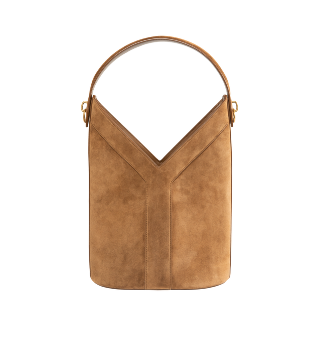 Image 1 of 3 - BROWN - SAINT LAURENT Y Bucket Top Handle Bag featuring suede exterior with leather lining, gold-tone hardware, open top, one main compartment, 1 interior zip pocket, adjustable removable shoulder strap and Y detail. 9.84" W x 8.66" H x 5.9" D. Made in Italy.