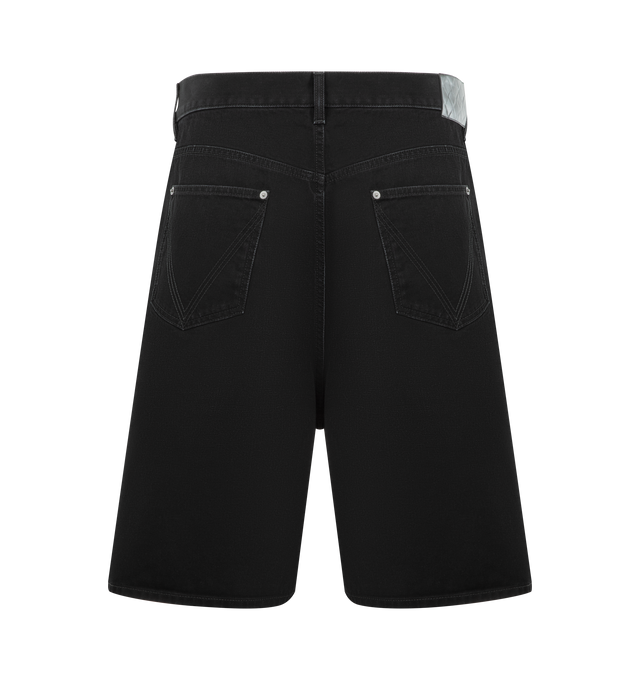 Image 2 of 3 - BLACK - BOTTEGA VENETA Faded Black Denim Shorts featuring faded black washed denim shorts, wide leg, embossed Intrecciato leather patch and button closure. 100% cotton. Made in Italy.