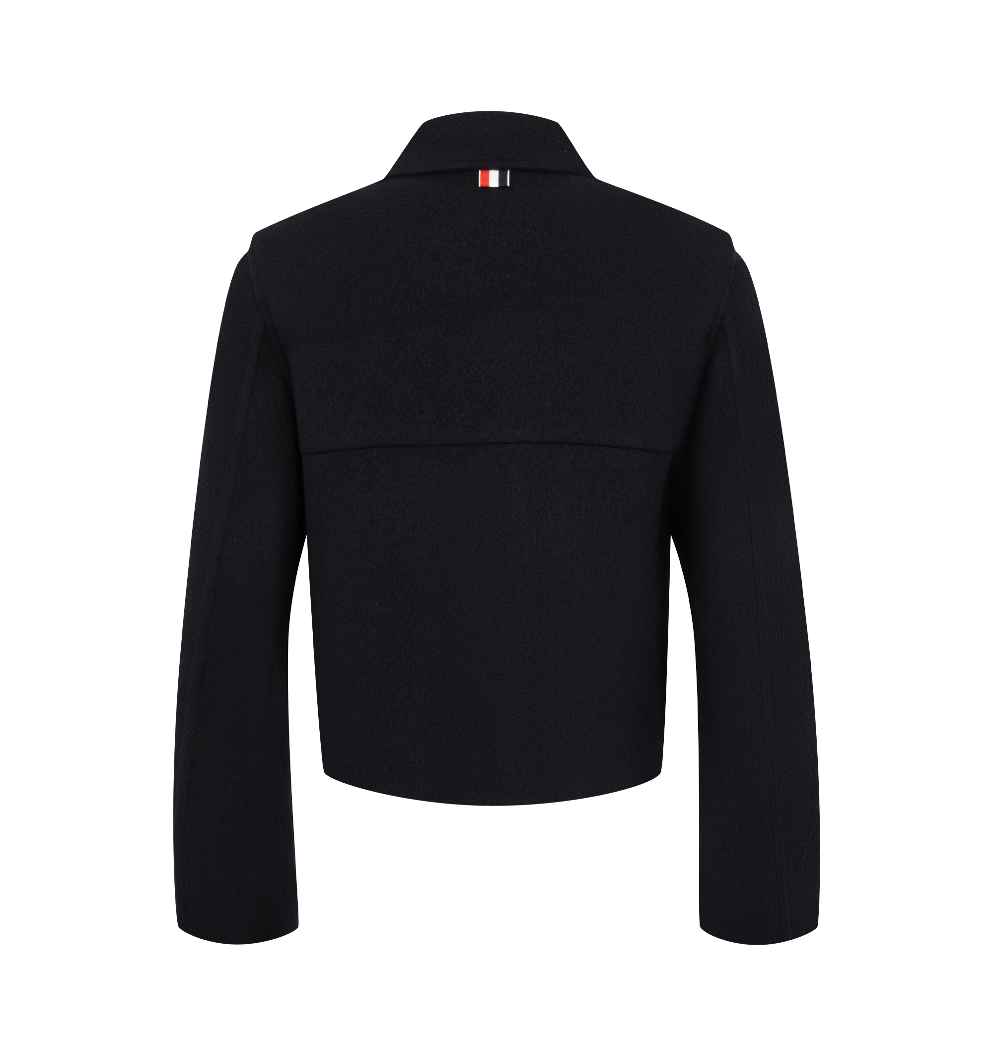 Image 2 of 3 - BLUE - Thom Browne Womens Bell Sleeve Boiled Wool Jacket is crafted from boiled virgin wool and features a sculptural silhouette with bell sleeves, front anchor-detailed button closure, bellows flap hand pockets, a tricolor-lined back yoke, and the signature striped grosgrain loop tab. This designer wool jacket combines architectural tailoring with a modern silhouette for elevated everyday layering. Main Material: 100% Virgin Wool; Lining: 100% Silk. Made in Italy. 