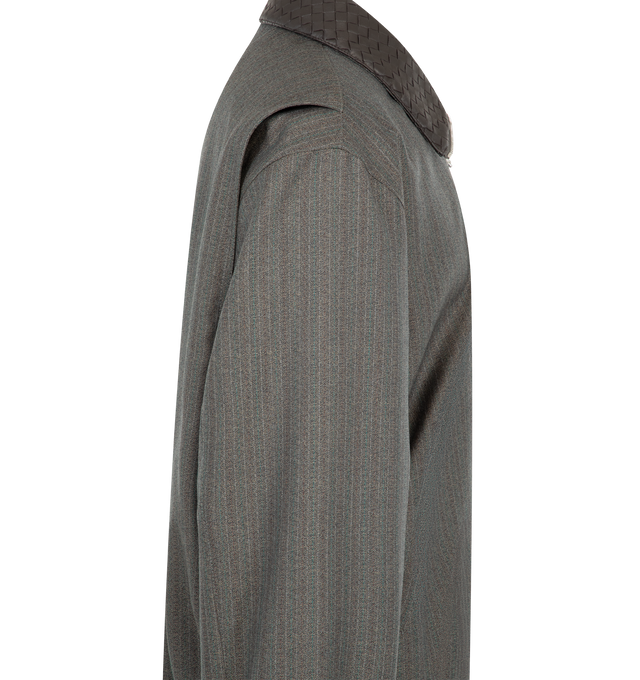 Image 3 of 3 - GREY - Bottega Veneta Mens Blouson is crafted from a soft wool and mohair blend. Features a relaxed fit, subtle striped pattern, Intrecciato leather collar, front zip closure with signature metal knot puller, full lining, and side pockets. Main Material: Wool and Mohair; Collar: Intrecciato Leather. Made in Italy. 