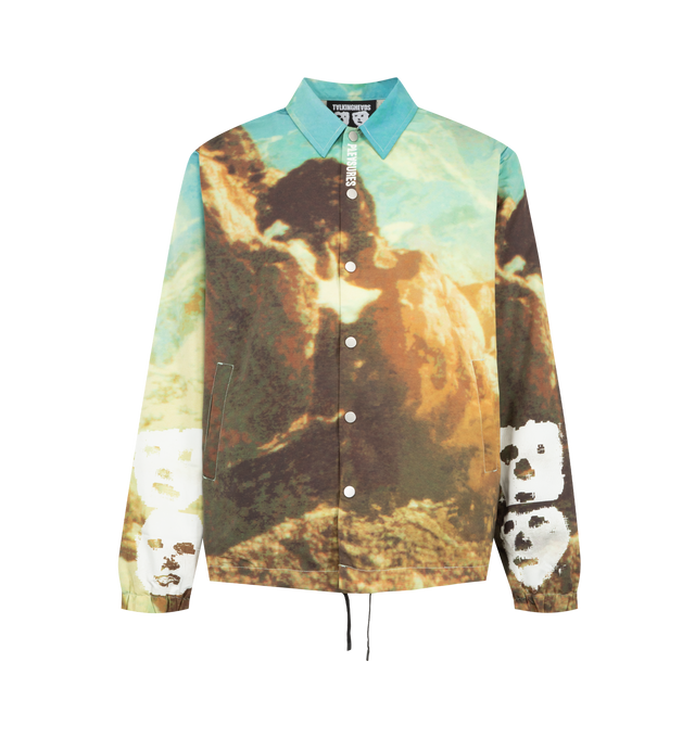 Image 1 of 3 - MULTI - Pleasures Mens Coach Jacket is crafted from polyester satin with a polyester mesh lining. Features a snap-front closure, all-over digital print, point collar, and side pockets. Main Material: 100% Polyester Satin; Lining: 100% Polyester Mesh. Made in China.