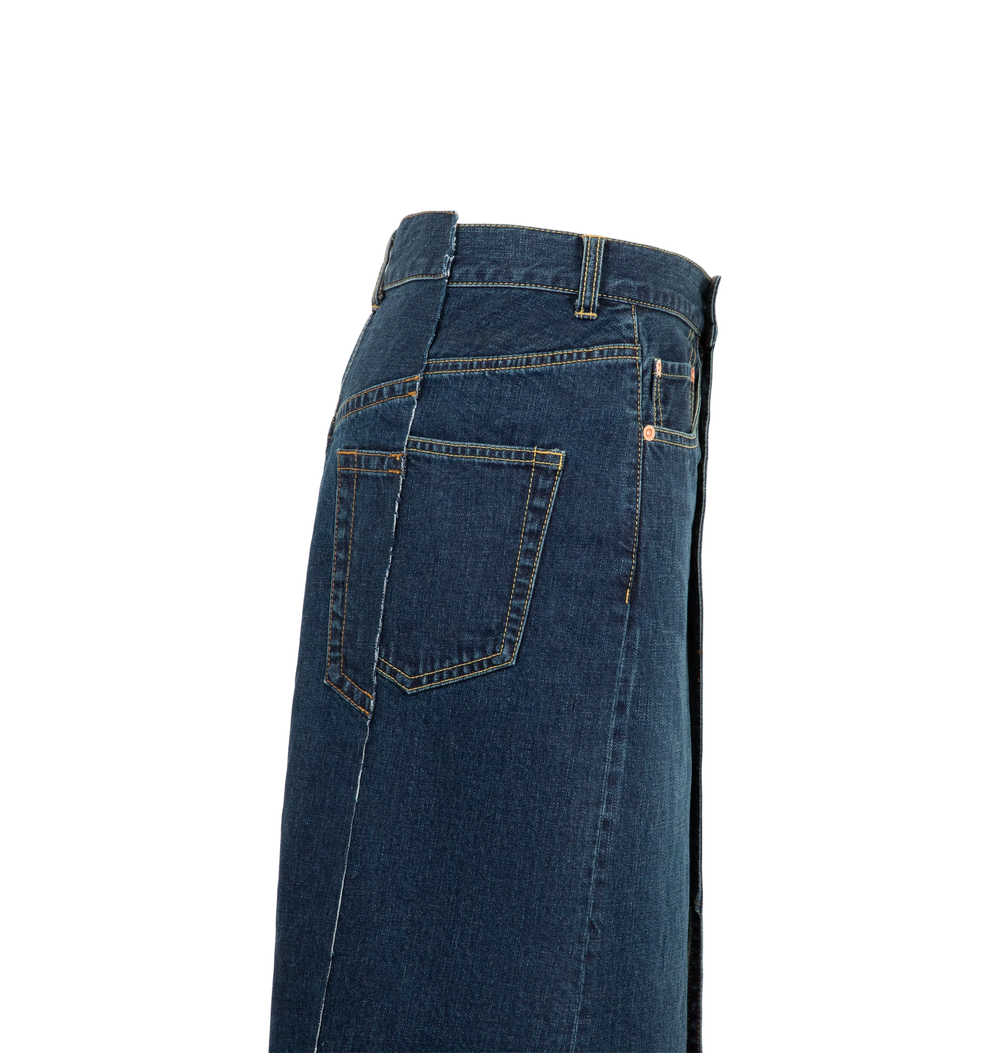 Image 3 of 3 - BLUE - Sacai Women's Asymmetrical Denim Skirt is crafted from denim and features the brands signature deconstructed approach to design. Cut in an asymmetrical silhouette, this statement skirt combines classic denim detailing with sculptural proportions. Main Material: Cotton Denim.