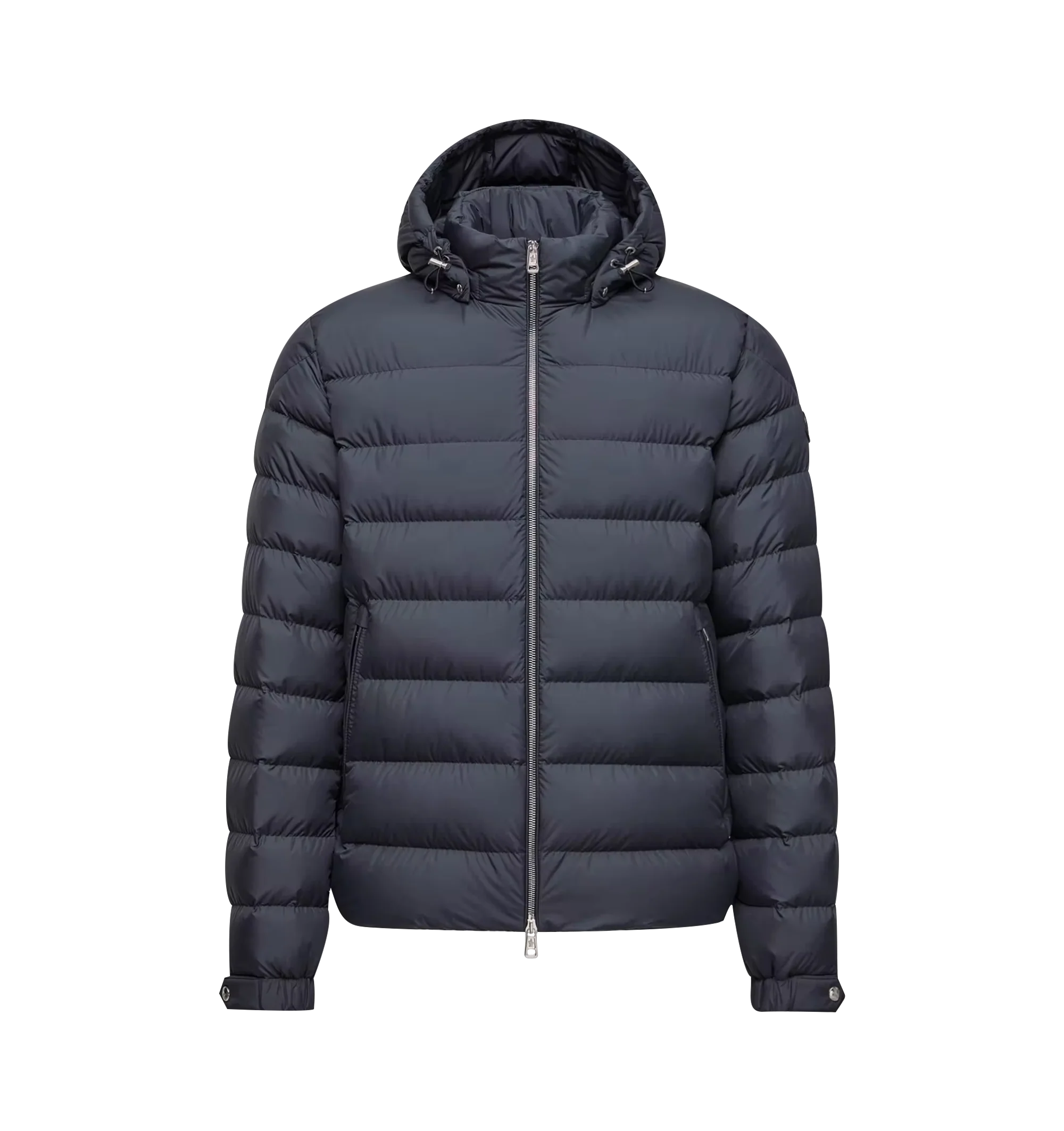 Image 1 of 1 - BLUE - Moncler Men's Arneb Hooded Short Down Jacket is crafted from lightweight, water-repellent Airsoft fabric and features a streamlined silhouette designed for everyday cold-weather wear. Down-filled for warmth, this short jacket is finished with a detachable hood with micro chic lining, a front zip closure with leather trim, zipped pockets, adjustable snap-button cuffs, and a signature leather logo patch. Main Material: 100% Polyester. Lining: 100% Polyester. Padding: 90% Down, 10% Feathe