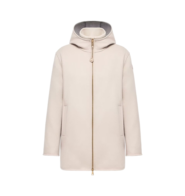 Image 1 of 1 - NEUTRAL - Moncler Womens 3-In-1 Hooded Wool Cashmere Jacket is a versatile design offering adaptable wear for changing conditions. Crafted from a wool and cashmere blend with longue saison lining, this style can be worn three ways: as a standalone coat, a lightweight down vest, or layered together as a mid-length down jacket. Features detachable hood, removable down-filled vest in longue saison, zipper closure, side pockets with snap button closure, and leather logo patch. Exterior: 90% Vir