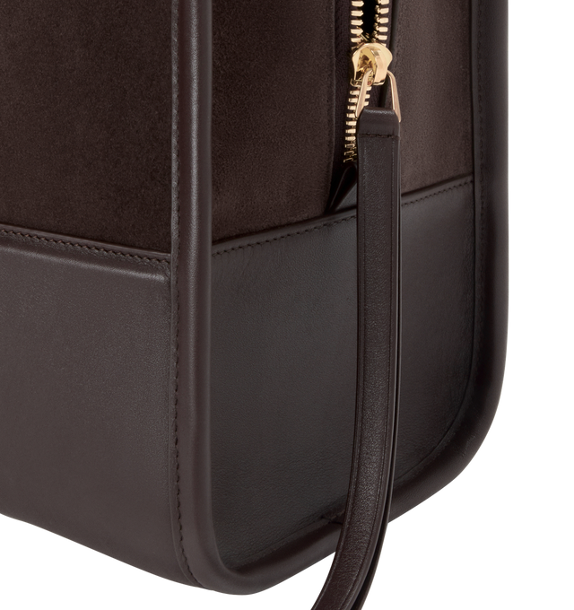 Image 13 of 16 - BROWN - LOEWE Large Amazona 180 Bag in suede featuring a relaxed silhouette anchored by a single toron top handle, designed to be carried open while a concealed closure secures the main compartment, removable shoulder and crossbody straps, zip closure with two leather zip pullers, two compartments, main compartment closed with magnetic closure, internal flat pocket, left side d-ring for customization, suede and nappa lambskin lining, embossed LOEWE and embossed double L branding. Suede/calf