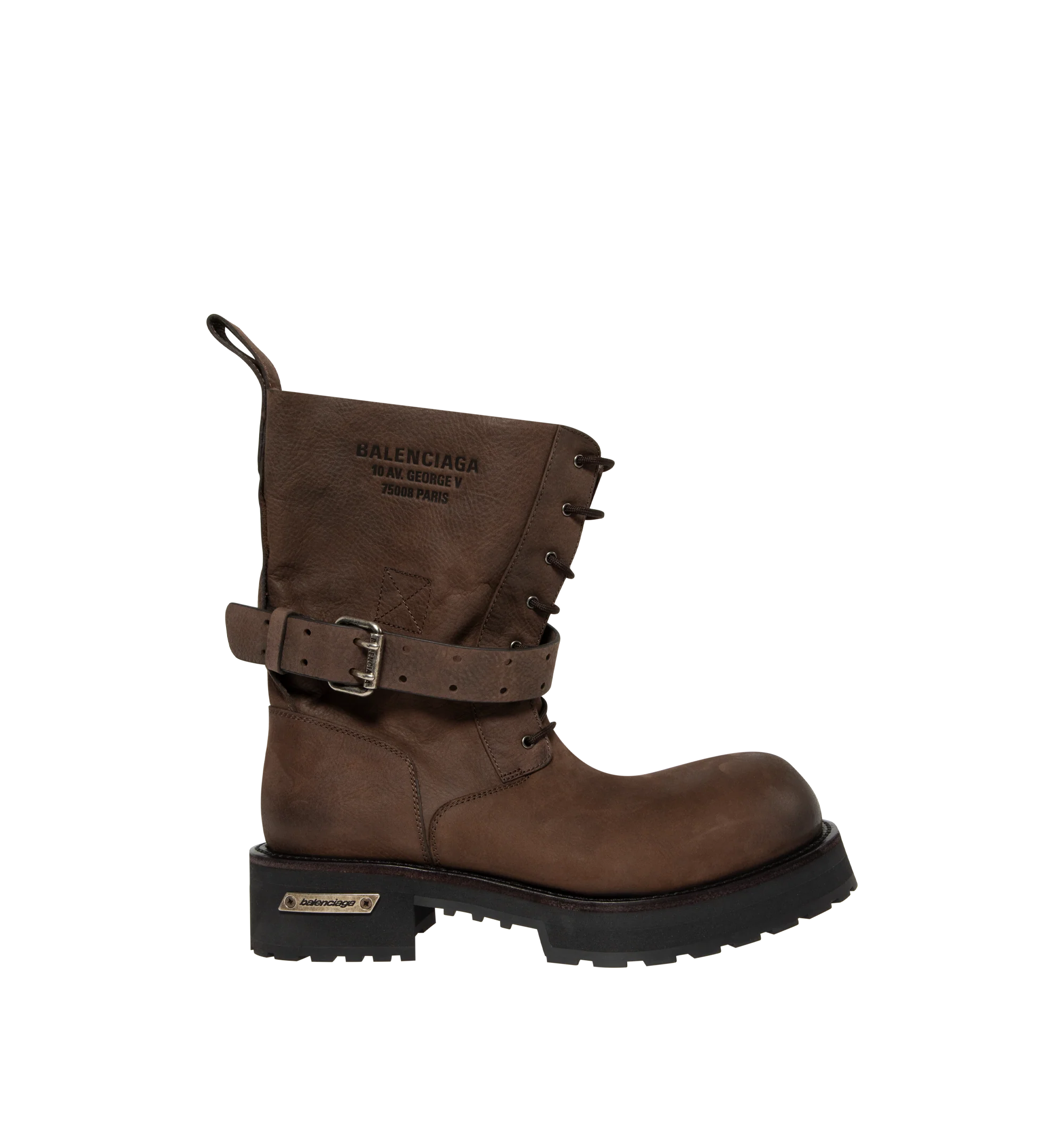 Image 1 of 4 - BROWN - Balenciaga Mens Venom Lace-Up Booties are crafted from grained calfskin leather. Feature a lace-up design, extra round toe, adjustable buckle strap, worn-in finish, debossed logo at the upper, engraved logo plate at the outsole, back pull loop, and thick toothed rubber sole. Main Material: Upper: Calfskin Leather; Sole: TPU; Insole: Calfskin Leather. Made in Italy.