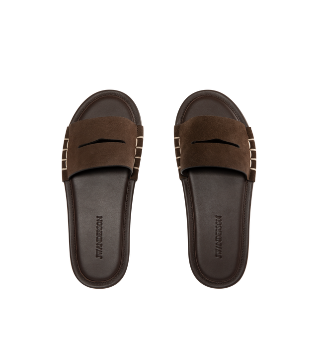 Image 4 of 4 - BROWN - JW ANDERSON Loafer Slide Sandal featuring a whipstitched keeper strap, Italian-crafted suede slide sandal, leather upper, lining and sole. Made in Italy. 