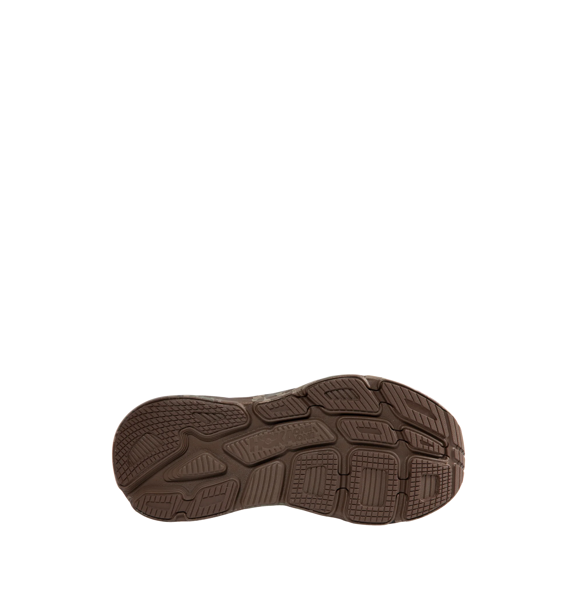Image 4 of 5 - BROWN - Hoka Unisex Bondi 7 Beams Sneakers reinterpret the ultra-cushioned silhouette with a custom camouflage upper inspired by Japanese Zen gardens. The vegan open-mesh construction features a memory foam collar, TPU overlays, 3D-printed logos, a reflective secondary lace, and a lace keeper. Upper: Vegan Mesh and TPU. *Unisex style in men's sizing.