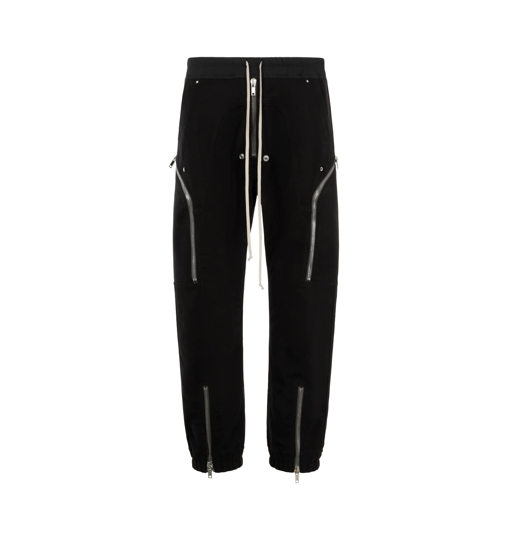 Image 1 of 3 - BLACK - Rick Owens Mens Heizer Cargo Pants are crafted from cotton poplin. Feature a slim fit, elasticized waistband with drawstring, exposed Bela front zip closure with snap detail, angled zip cargo pockets, front shin zip openings, elasticized cuffs, side welt pockets, back flap pockets with snap closures, and double topstitch detailing. Main Material: 97% Cotton, 3% Elastane. Made in Italy.