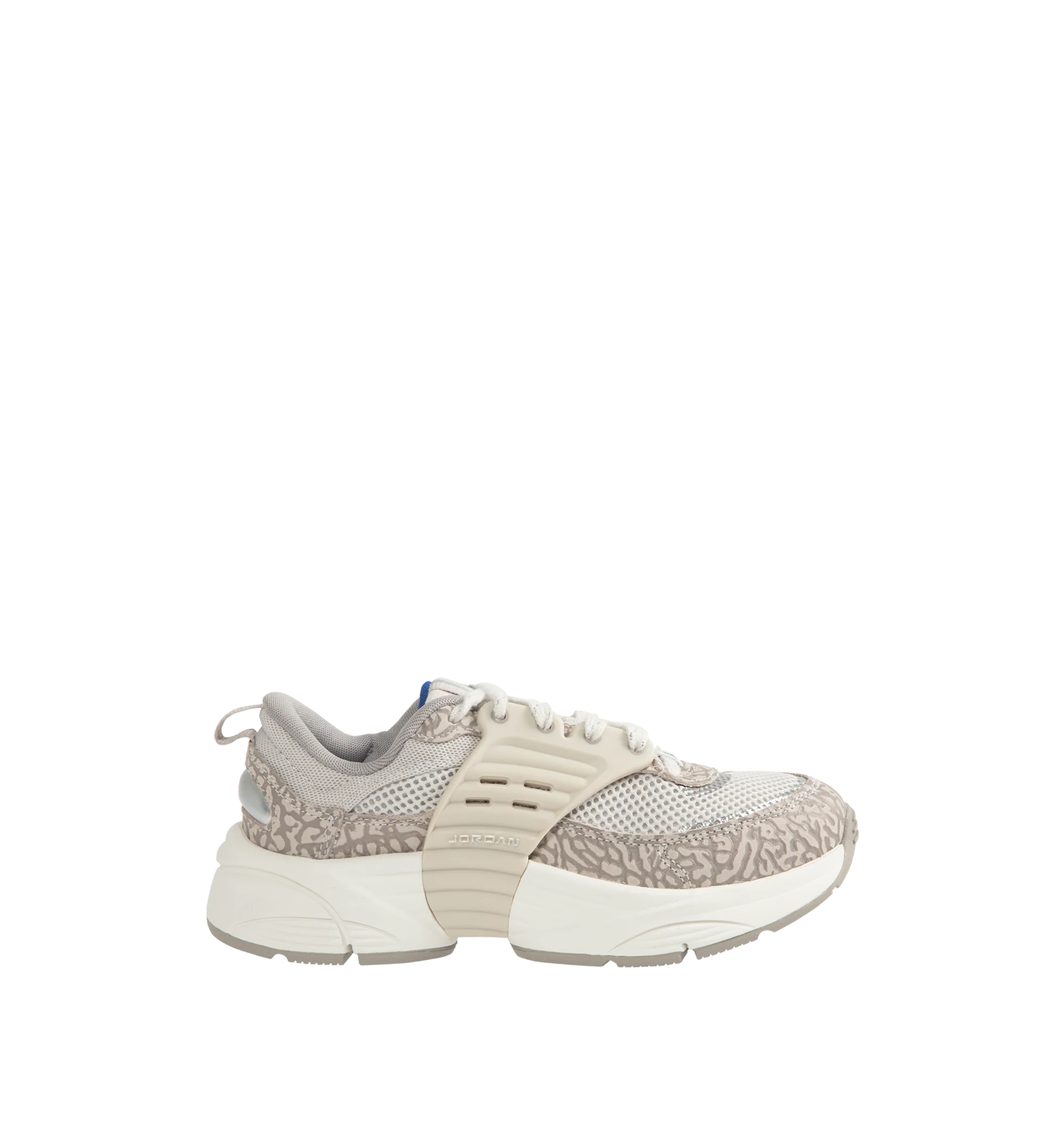 Image 1 of 5 - GREY - Women's Jordan Trunner O/S Sneakers feature a breathable mesh upper with suede overlays and a modern silhouette inspired by the original Jordan Trunner. These lifestyle sneakers combine responsive foam cushioning, molded midfoot support wings, and a durable rubber outsole for lightweight comfort, stability, and everyday traction. Main Material: Mesh and Suede. Midsole: Responsive Foam. Sole: Rubber.