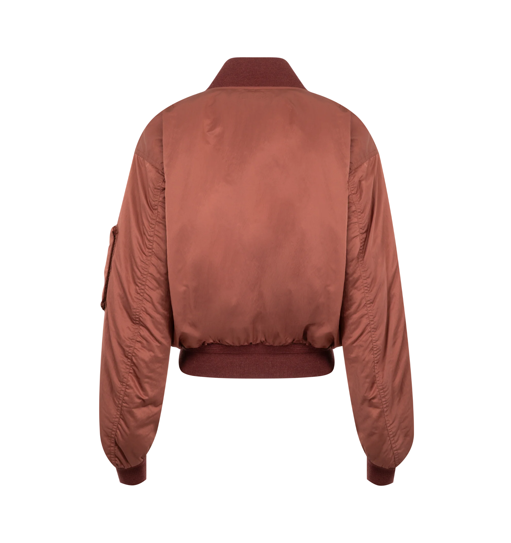 Image 2 of 3 - RED - Chlo Womens Bomber Jacket is crafted from recycled nylon blend fabric. Features a straight fit, oversized collar, front zip closure with snap-button tab, ribbed trims, front flap pockets with snap-button closures, and a zippered sleeve pocket. Main Material: 58% Polyester, 42% Polyamide; Lining: 100% Polyester; Collar Cuffs: 88% Wool, 9% Polyamide, 3% Elastane. Made in Italy.