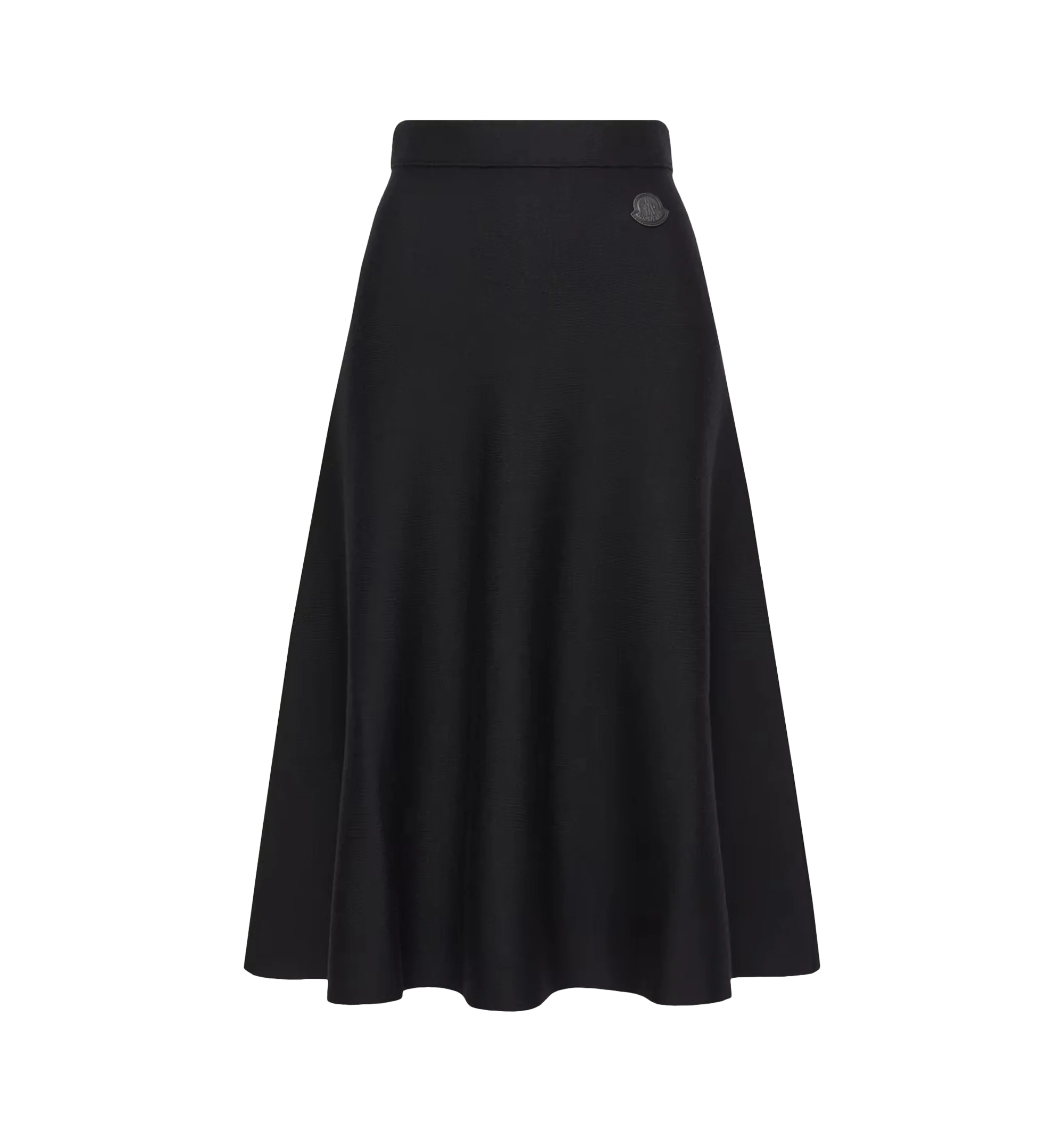 Image 1 of 1 - BLUE - Moncler Wool Blend Midi Skirt is crafted from a fine wool blend and detailed with a logo patch. Features a zipper closure with leather puller and detachable metal logo pin. Material: 50% Wool; 50% Acrylic, Leather Inserts: Lamb Leather. Made in Romania