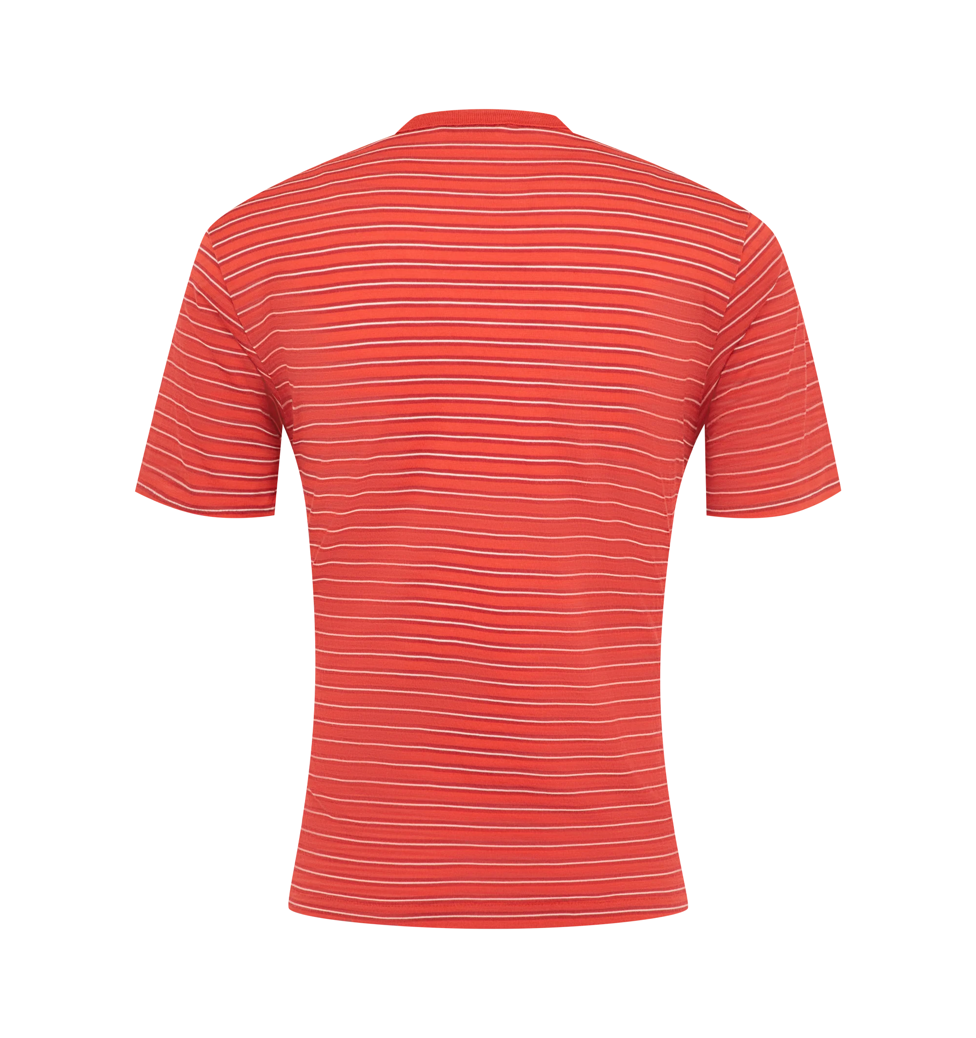 Image 2 of 2 - RED - Auralee Women's Soft Smooth Wool Stripe Jersey T-Shirt is crafted from merino wool jersey and features a multicolored striped design. The fabric has a natural sheen with an exceptionally smooth, soft, and fluid hand. Cut in a regular fit. Main Material: 100% Wool.