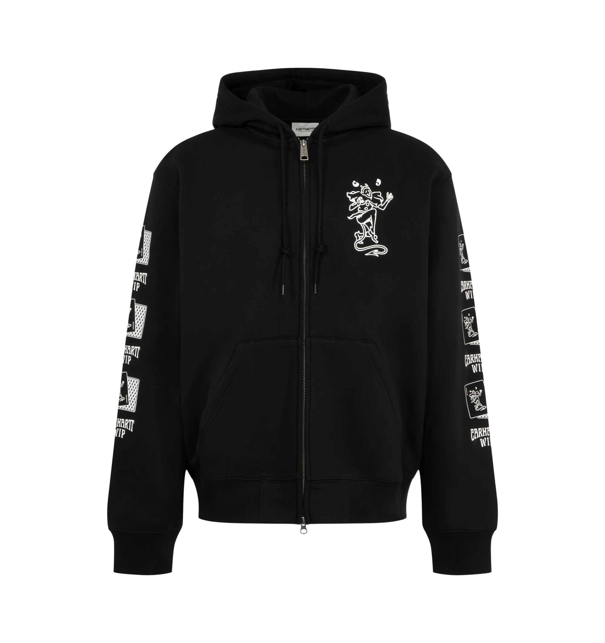 Image 1 of 3 - BLACK - Carhartt WIP Men's Hooded Playing Cards Jacket is crafted from heavyweight brushed cotton-blend jersey and features a balloon fit with dropped shoulders, an adjustable hood, a kangaroo pocket, and graphic Playing Cards prints across the chest and sleeves. This designer hooded sweatshirt combines premium fleece-backed comfort with bold seasonal artwork, creating a relaxed everyday essential with a contemporary streetwear aesthetic. Main Material: 80% Cotton, 20% Polyester (425 gsm). Fi