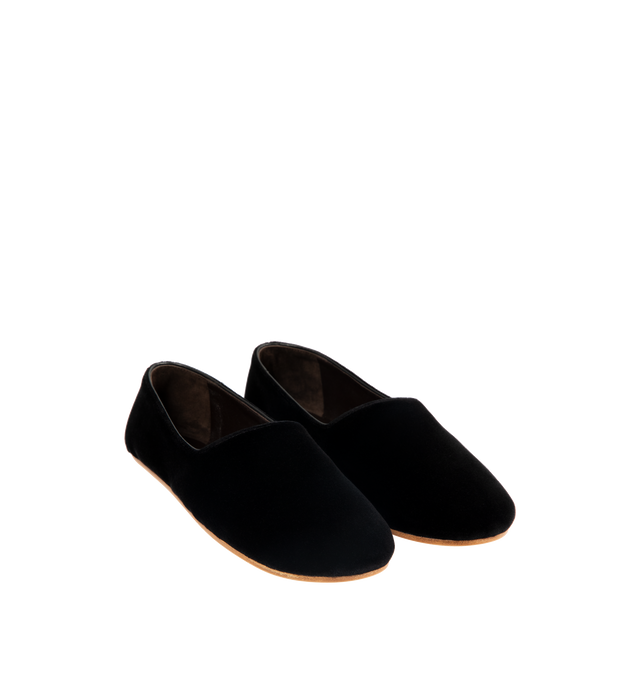 Image 2 of 4 - BLACK - THE ROW Ponti Slipper featuring minimal slip-on shoe in plush velvet with round toe, leather lining and flexible leather sole. 100% cotton. Made in Italy.