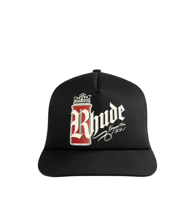 Image 1 of 2 - BLACK - RHUDE Fumar 91 Trucker Hat featuring paneled polyester twill and mesh cap with logo printed at face and snapback fastening at back. 100% polyester.