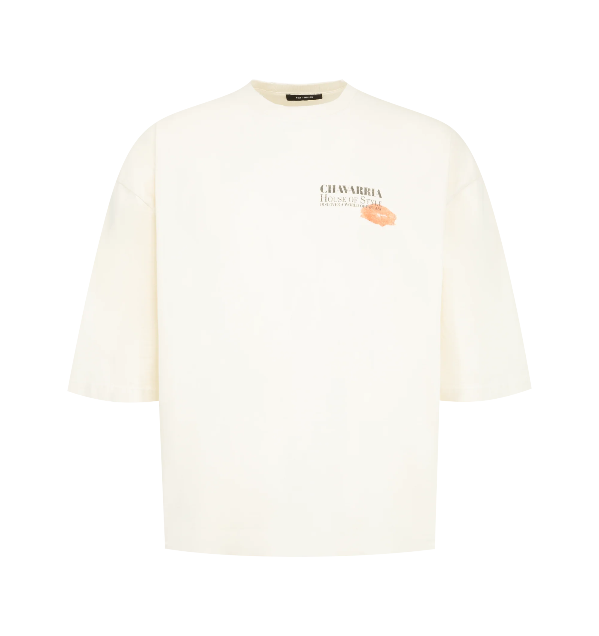 Image 1 of 2 - NEUTRAL - Willy Chavarria Total Transformation Buffalo Tee is crafted from heavyweight cotton and features the brand's signature oversized Buffalo silhouette. Designed with Total Transformation graphic artwork printed at the chest and back, the T-shirt offers a bold statement look with a structured drape. Main Material: 100% Cotton. Made in USA.