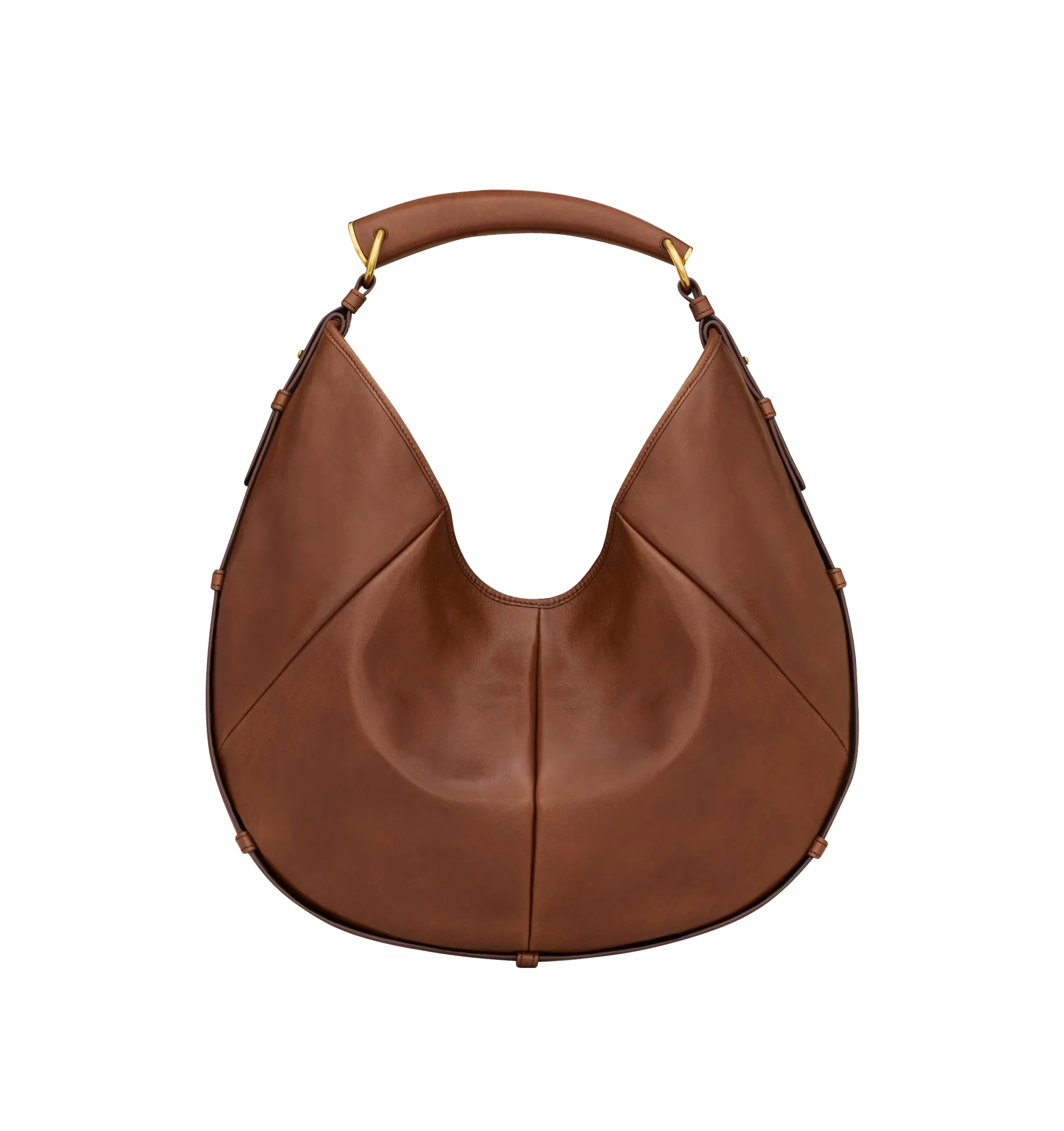 Image 1 of 3 - BROWN - Saint Laurent Women's Mombasa Medium Hobo Bag is crafted from supple calfskin leather in burnt bread brown with a tonal suede lining. Bronze-tone hardware, a leather-covered handle for hand or shoulder carry, a magnetic closure, and an interior zip pocket complete the design. Fits a large phone, slim wallet, keys, and sunglasses. Main Material: 100% Calfskin Leather. Lining: 100% Suede. Dimensions: 2440 x 2433 x 3 cm / 9.415.7 x 9.413 x 1.2 in. Handle Drop: 23 cm / 9.1 in. Made in Ita