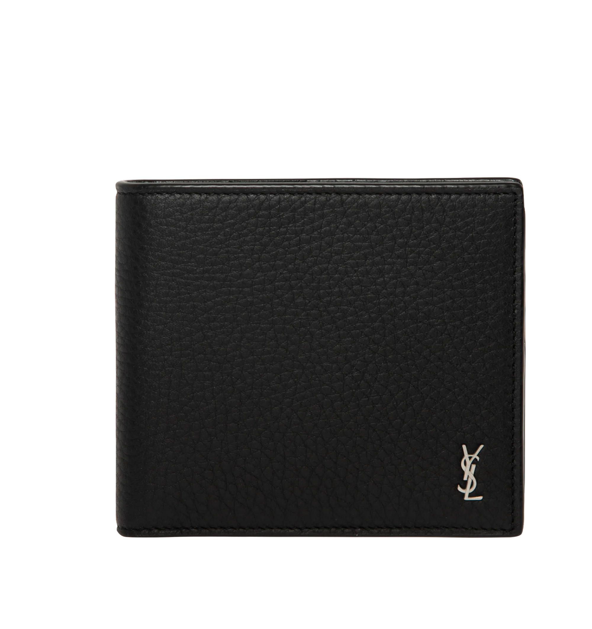Image 1 of 3 - BLACK - Saint Laurent Mens Wallet is crafted from black leather. Features a classic bifold silhouette, interior card slots and bill compartment, silver-tone hardware, and embossed Saint Laurent logo. Main Material: 100% Leather. Made in Italy.