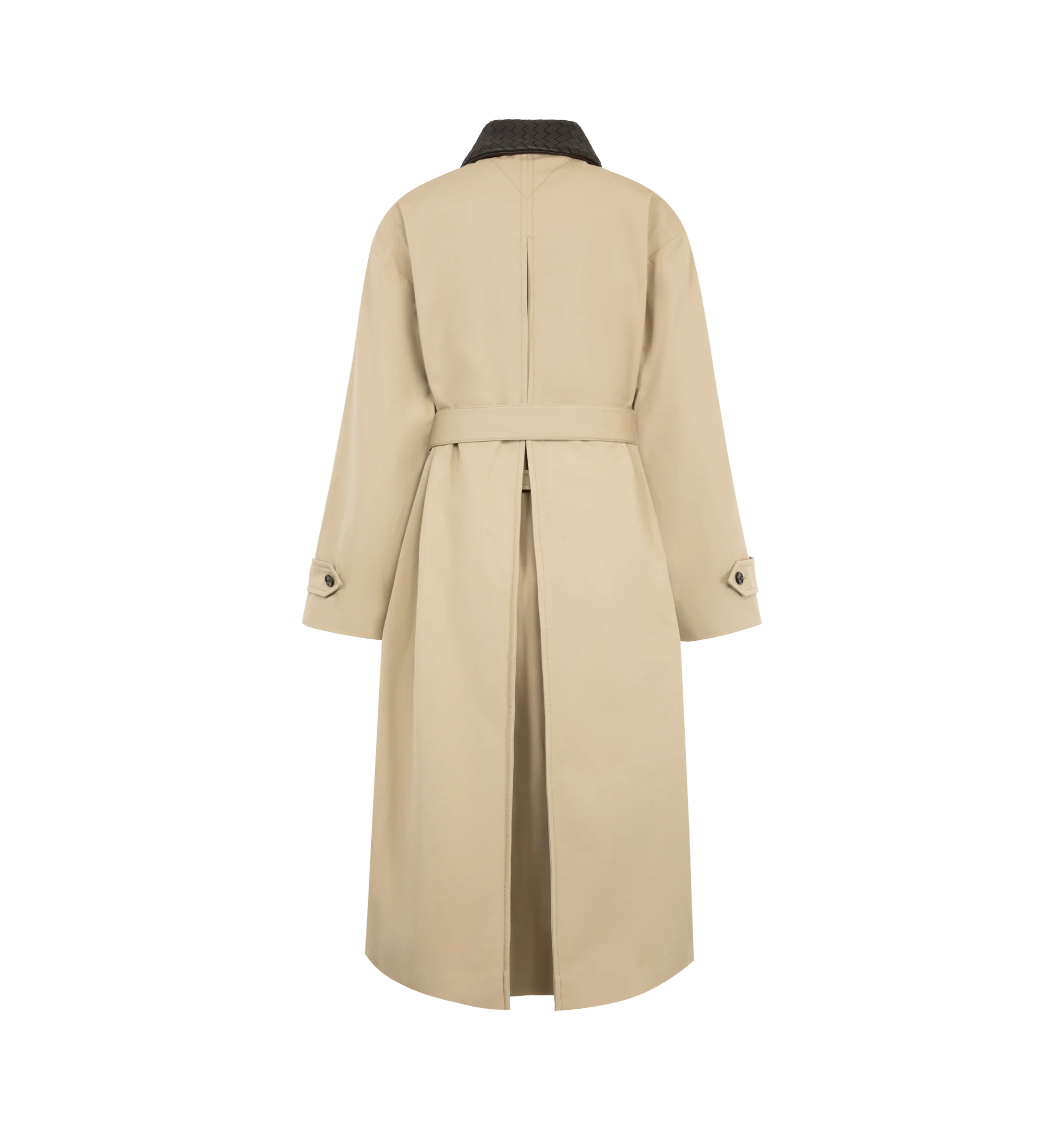 Image 2 of 2 - NEUTRAL - Bottega Veneta Womens Trench Coat is crafted from lightweight water-repellent cotton and features an Intrecciato leather collar. Designed in a regular fit, it is finished with a belted waist, button-front closure, and classic trench styling. Main Material: Lightweight Cotton; Collar: Intrecciato Leather. Made in Italy.