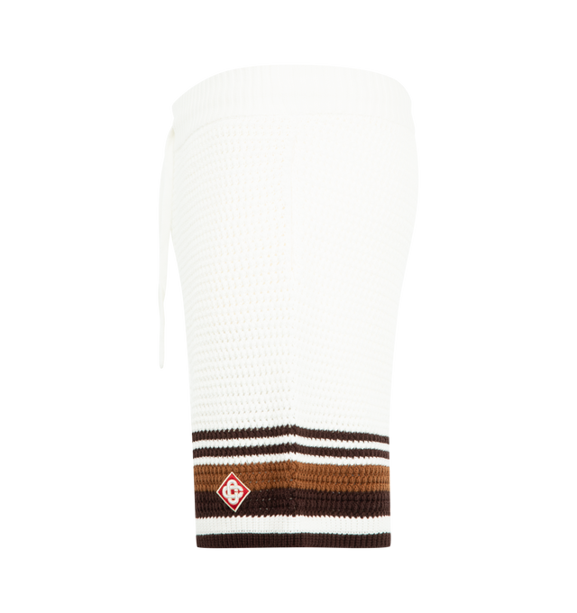 Image 3 of 3 - BROWN - Casablanca Men's Tennis Stripe Crochet Shorts featuring the house's diamond logo patch and tennis stripe detail. Completed with an elasticised waistband, drawstring fastening, and in-seam side pockets in a relaxed silhouette. Designed to be worn with the coordinating crochet shirt. 100% cotton. Made in Malaysia. 