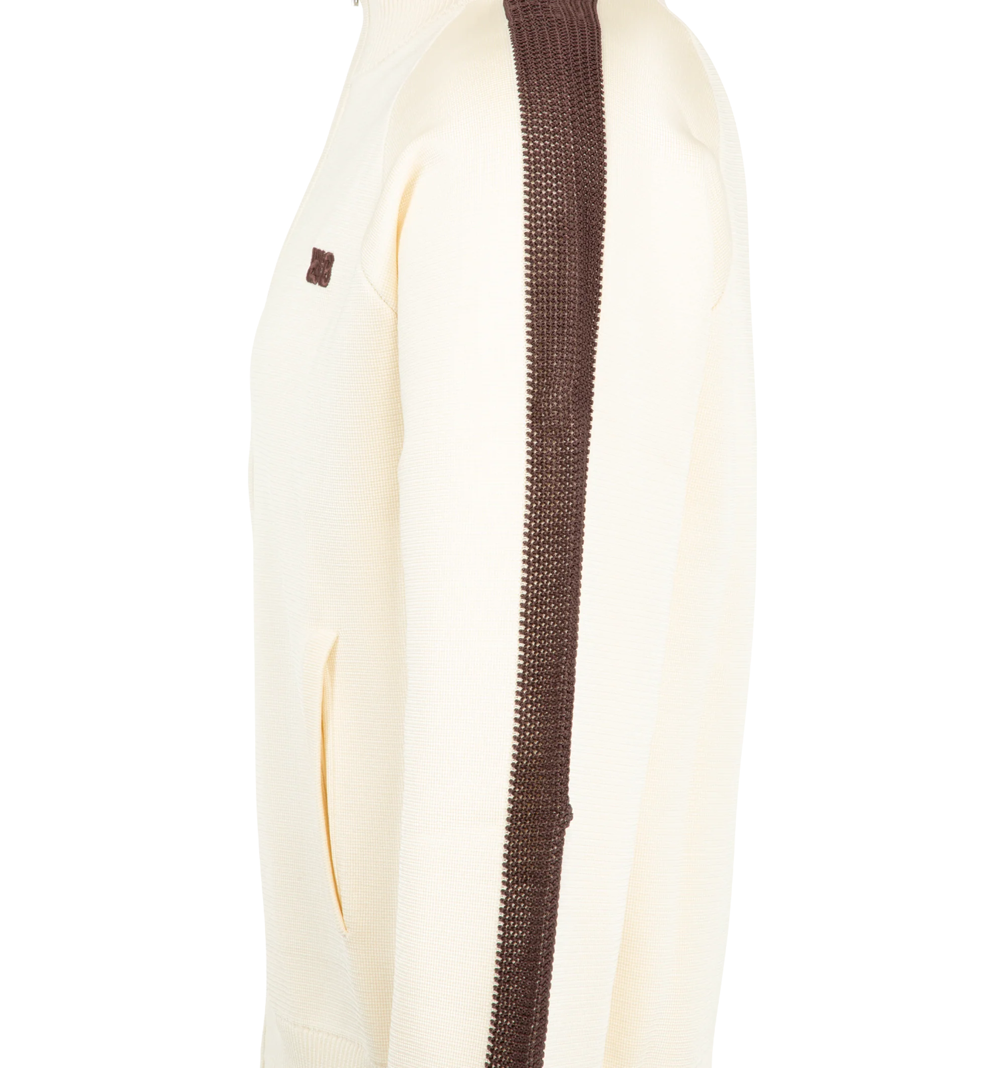 Image 3 of 3 - NEUTRAL - Wales Bonner Men's Tide Track Top is crafted from a viscose-poly knit and features the brand's signature track jacket silhouette in an ivory colorway. Detailed with crochet stripe accents along the sleeves, this refined sportswear style is finished with a double-zip front closure and a stand collar for versatile styling. 80% Viscose, 20% Polyester.