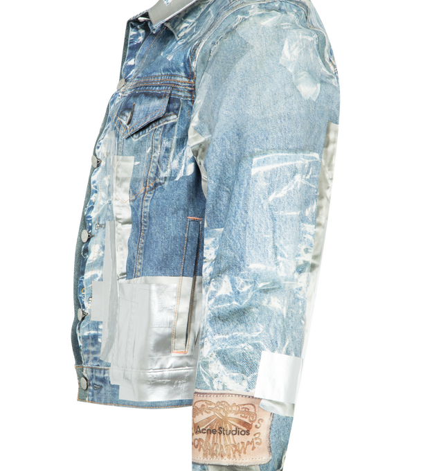 Image 3 of 3 - BLUE - ACNE Trompe-il Denim Jacket featuirng ready-to-dye cotton canvas with a brushed face, trompe-il tape print to mimic mended tears, with additional tape appliqu for texture, branded buttons, chest and side pockets, adjustable waist and sleeve tabs, fitted silhouette with cropped sleeves and waist-length hem. 100% cotton.