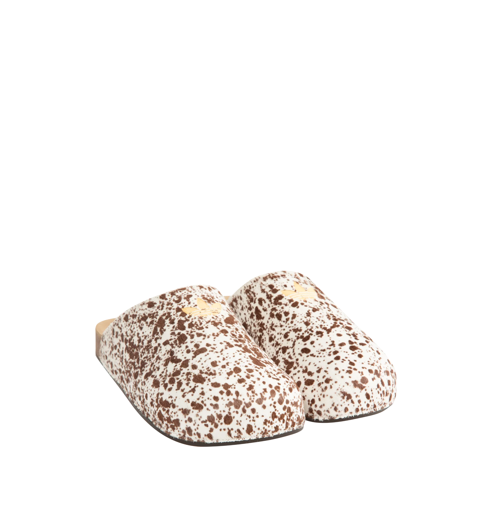 Image 2 of 4 - MULTI - Adidas Men's Adimule Slide is a casual slip-on mule designed for comfort and style. It features a cow-print pattern in shades of brown paired with a soft suede footbed. Exterior: leather upper, suede footbed, cork sole, textile lining, durable rubber outsole. Made in Vietnam. 